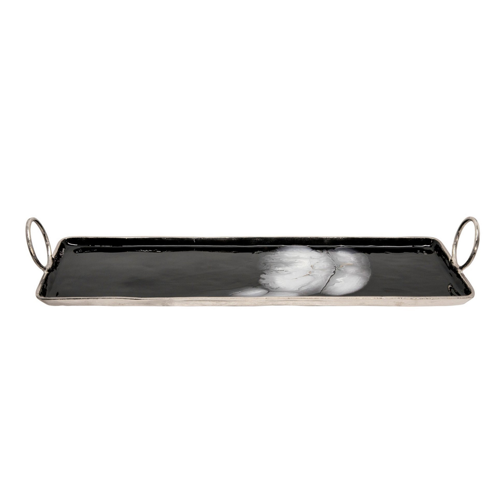 Tray With Metal And Ring Handles, Black And Silver Black Silver Metal