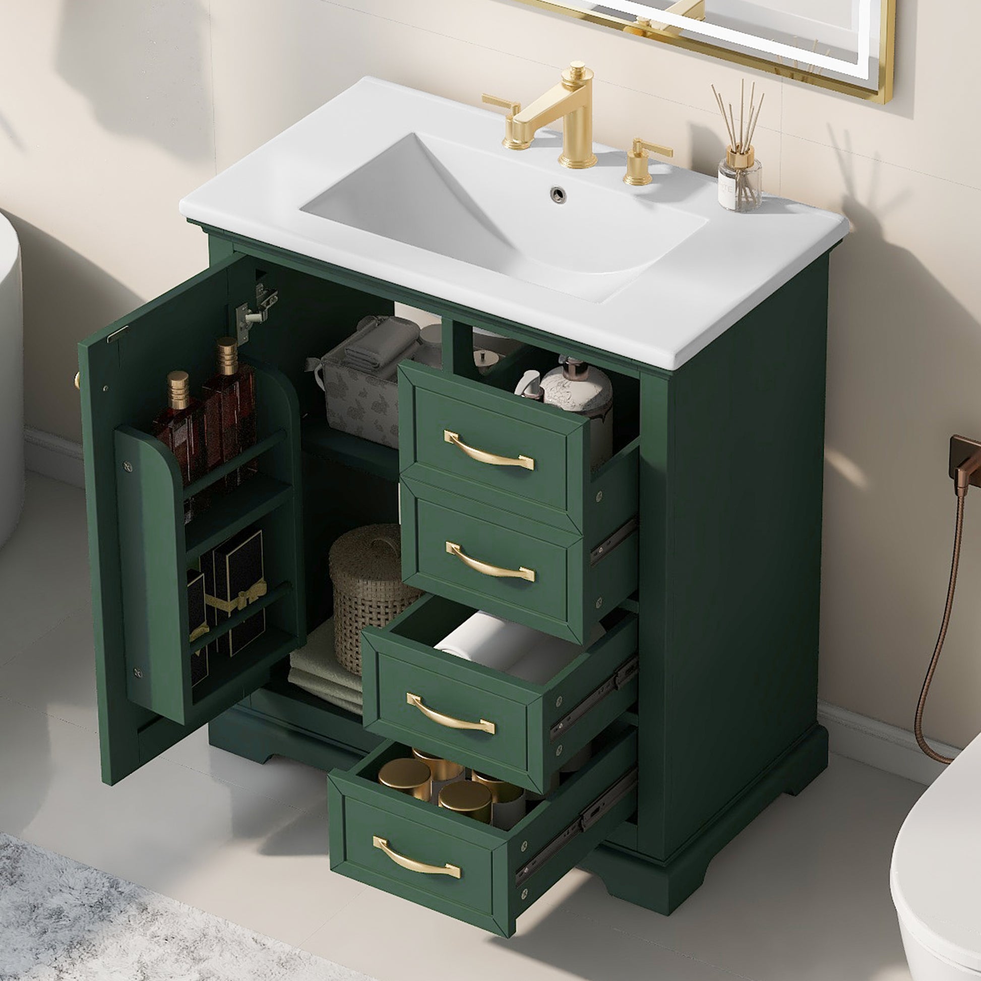 30" Bathroom Vanity With Sink, One Package, Green Bathroom Cabinet With Drawers, Solid Frame And Mdf Board Green Solid Wood Mdf