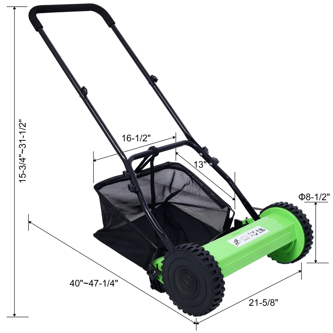 16 Inch 5 Blade Push Reel Lawn Mower With Grass Catcher, Green Color Green Steel