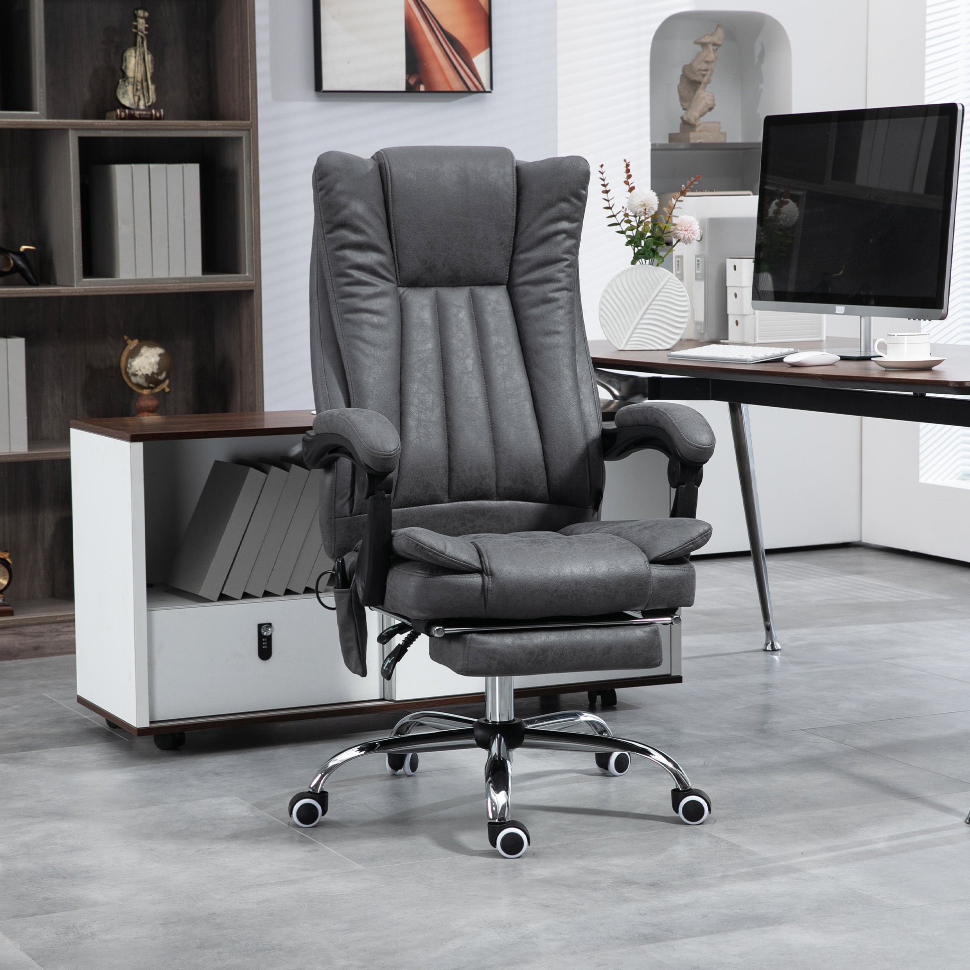 Vinsetto Microfiber Office Chair, High Back Computer Chair With 6 Point Massage, Heat, Adjustable Height And Retractable Footrest, Dark Blue Rock Grey Polyester
