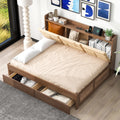Full Size Wood Daybed With Upholstered Storage Shelves, Usb Ports And 2 Drawers, Wood Color Box Spring Not Required Full Wood Wood Bed Frame Solid Wood Mdf