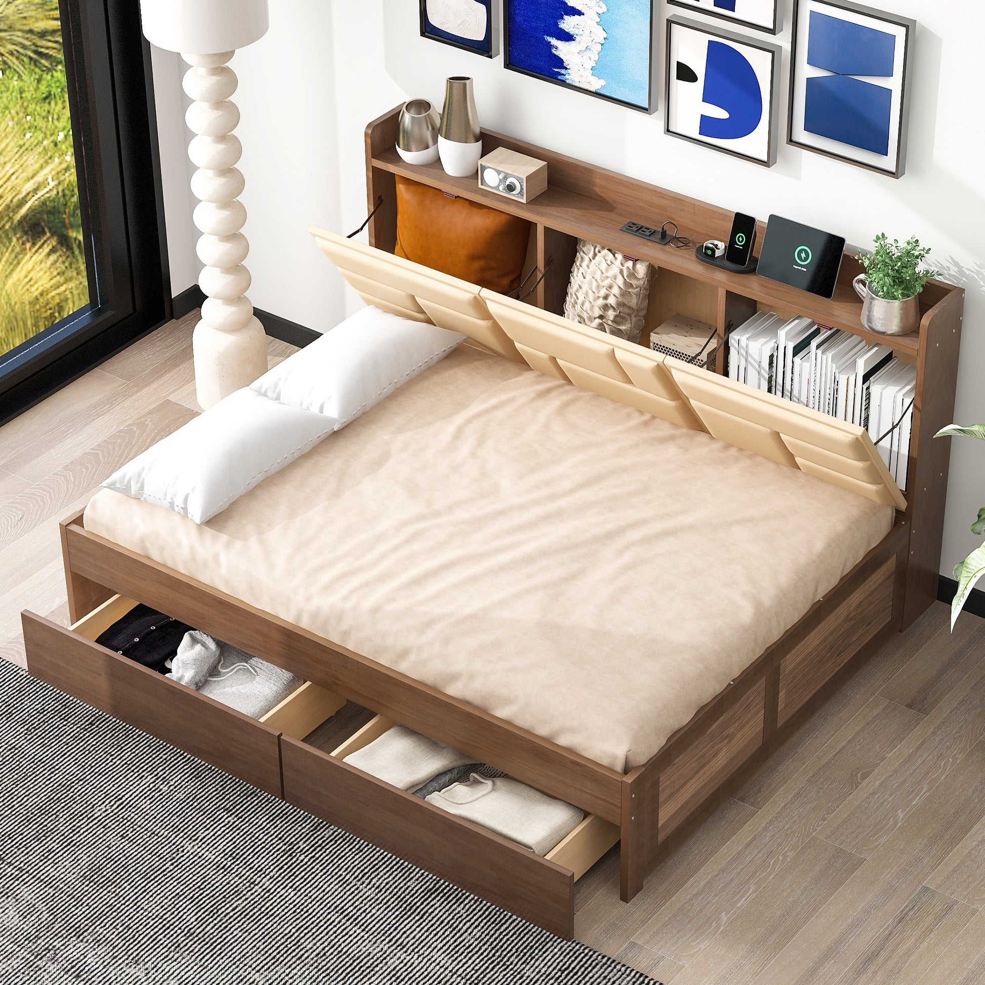 Full Size Wood Daybed With Upholstered Storage Shelves, Usb Ports And 2 Drawers, Wood Color Box Spring Not Required Full Wood Wood Bed Frame Solid Wood Mdf