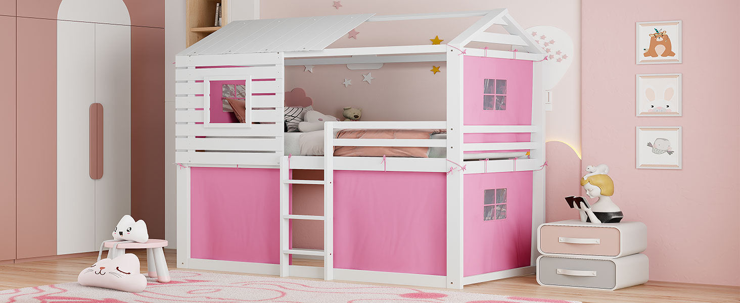 Twin Size Bunk Wood House Bed With Tent, Pink White Twin Pink White Solid Wood Mdf