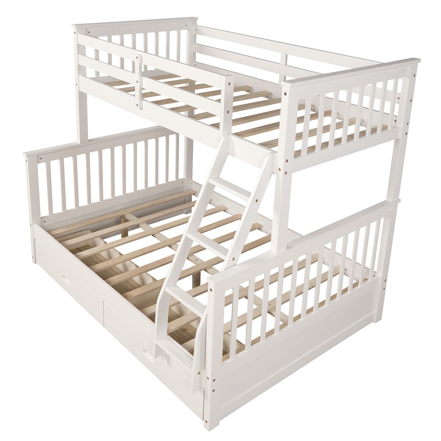 Twin Over Full Bunk Bed With Storage Drawers, Wooden Bunk Bed With Ladder And Safety Guard Rails White Full White Wood