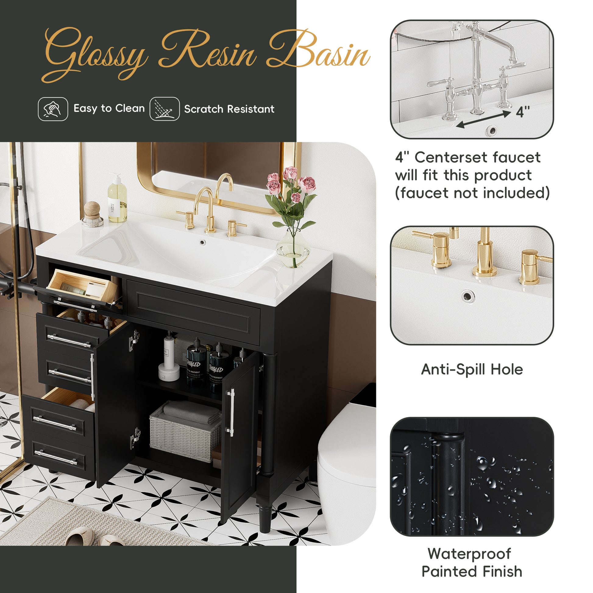 36'' Bathroom Vanity With Top Resin Sink, Freestanding Bathroom Storage Cabinet With 2 Drawers And A Tip Out Drawer, Solid Wood Frame Vanity Set, Height Adjustable Shelf Black Bathroom Solid Wood