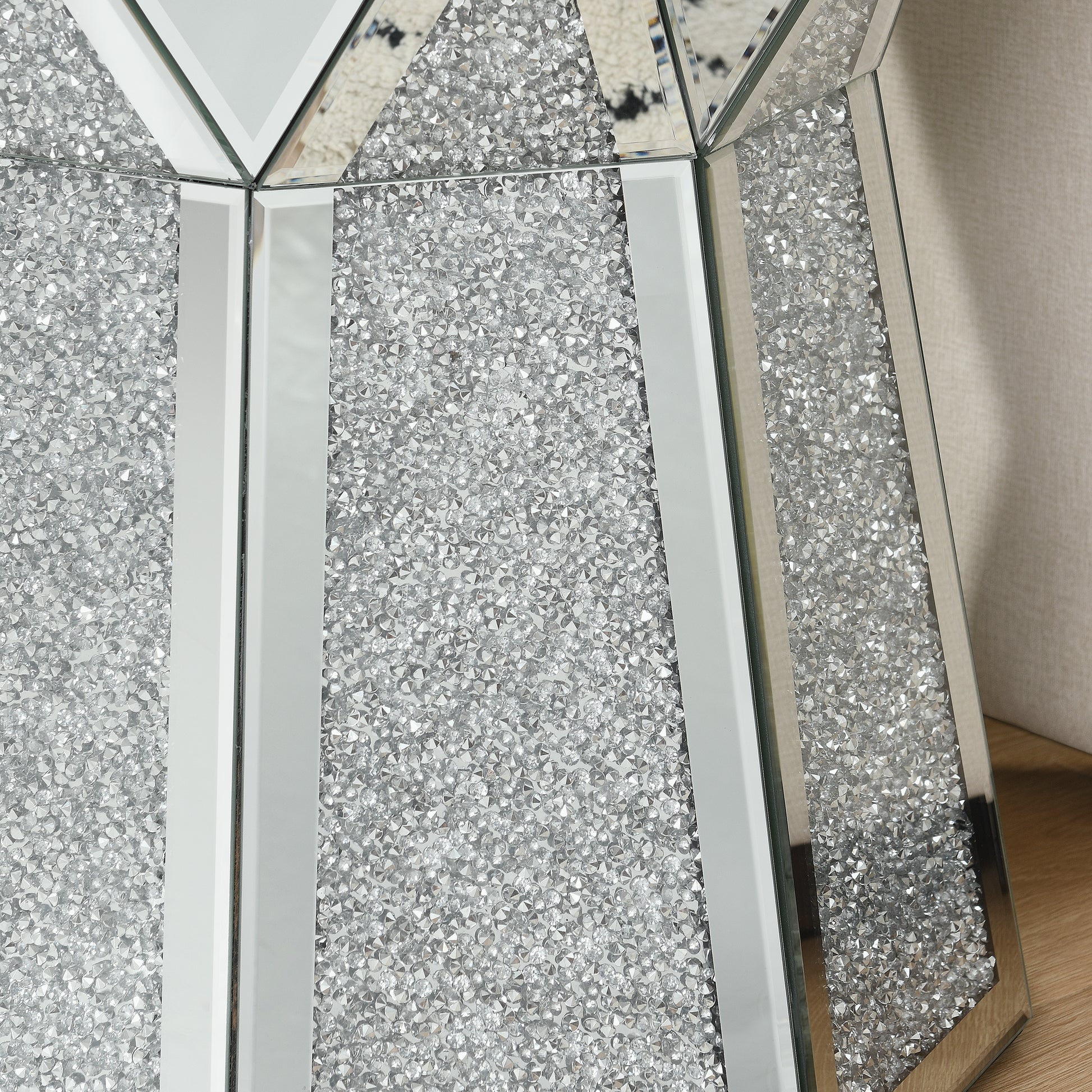 Drum Style Coffee Table With Mirror Crystal Inlay, Polygonal Silver Decorative Table, Modern Design Luxury Modern Furniture, 20 Inch About 50 Centimeters Low Coffee Table, Suitable For Living Room Silver Primary Living Space American Design Console