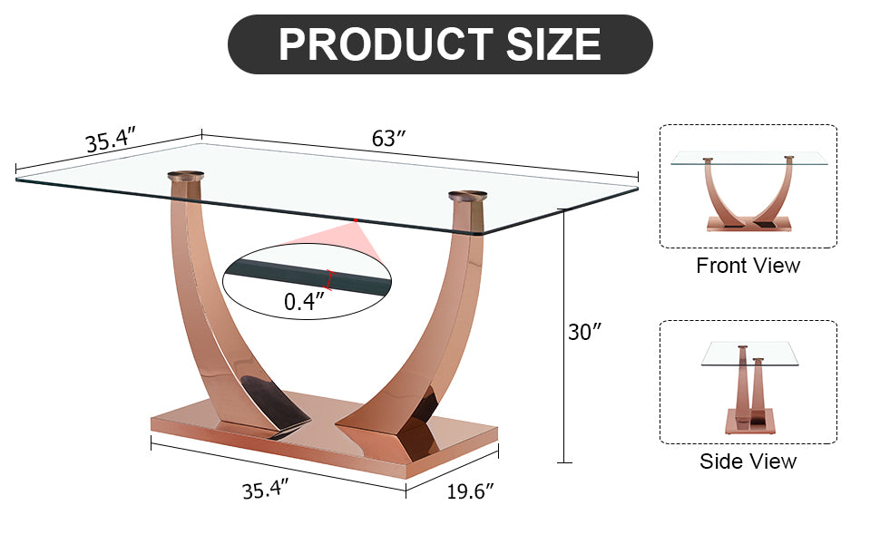 Modern Minimalist Rectangular Glass Dining Table, 0.4 "Thick, Tempered Glass Tabletop, Rose Gold Colored Legs. Used In Kitchen, Dining Room, And Living Room 63" * 31.5 "* 29.5" F 1548 Rose Gold Glass