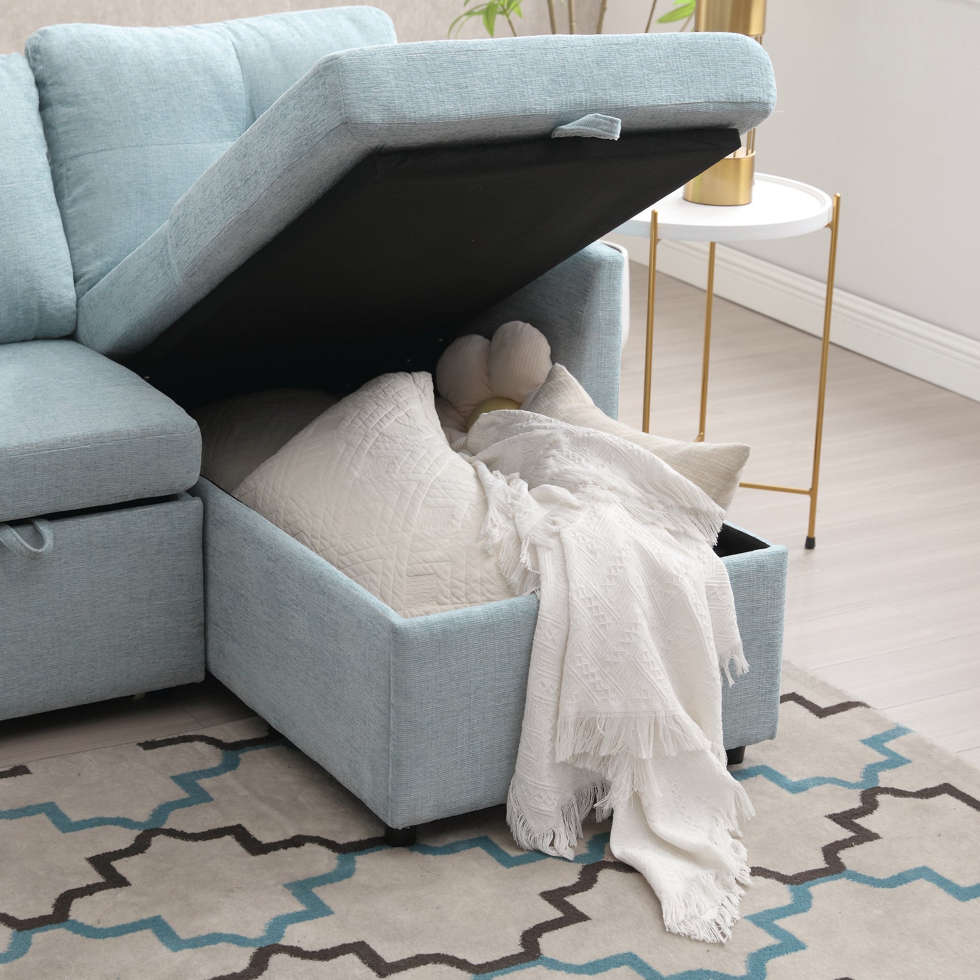 United We Win Furniture, Modular L Shaped Sofa, Modular Long Sofa With Reversible Chaise Lounge, Sofa Bed, Sleeper Sofa, Modular Sofa Combination With Storage Seats. Mint Green Chenille 3 Seat