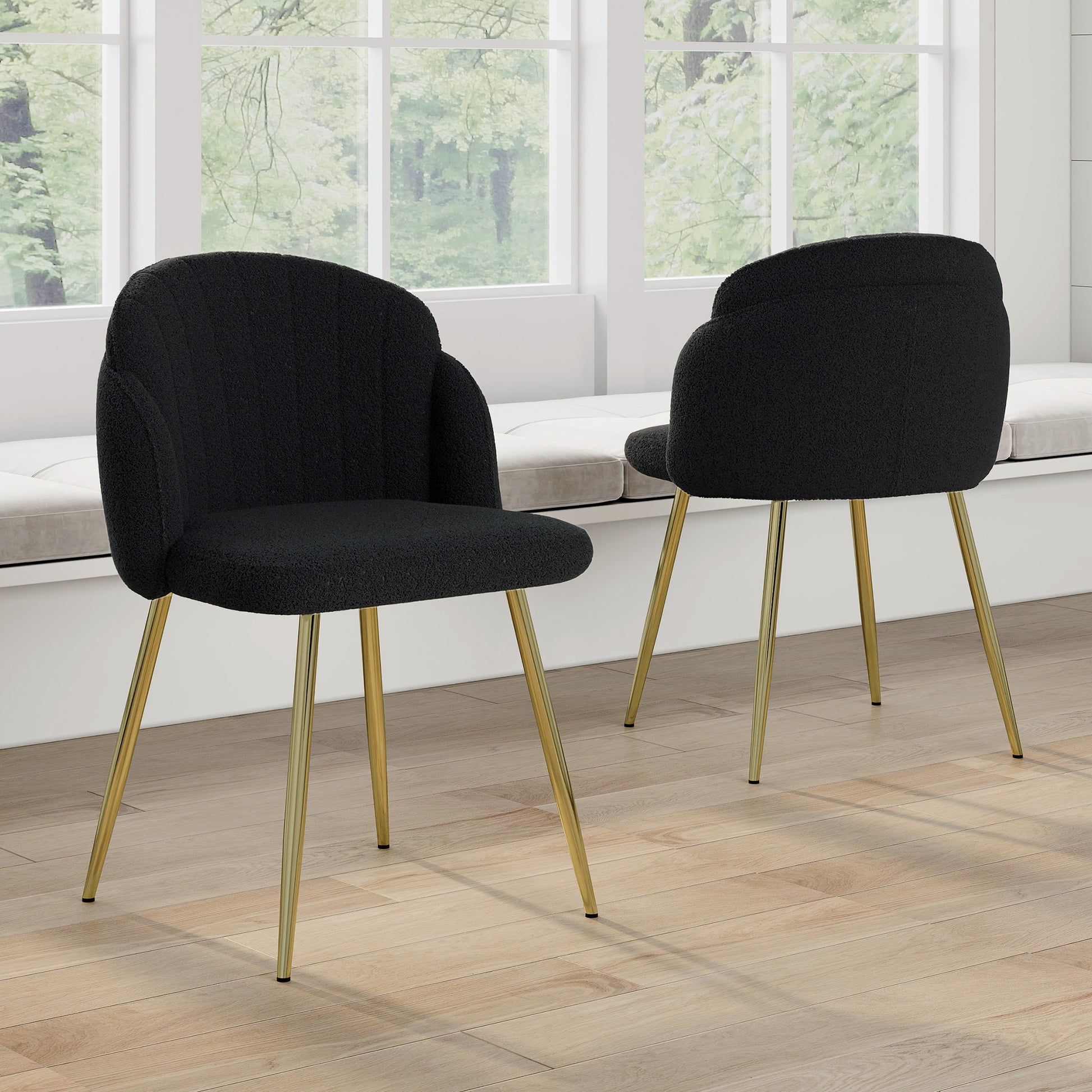 Modern Simple Black Teddy Fleece Dining Chair Fabric Upholstered Chairs Home Bedroom Stool Back Dressing Chair Gold Metal Legs Set Of 2 Black Foam Metal