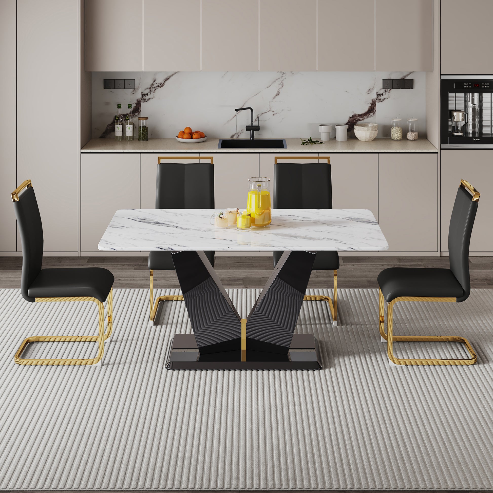 Table And Chair Set, White Imitation Marble Texture Glass Tabletop, Black Mdf Table Legs, Stable And Beautiful. Modern Simple Dining Table, Comfortable Seating. White Black Seats 4 Mdf Glass