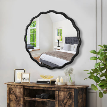 Solid Wood Wavy Mirror Black Vanity Mirror Wall Decor 36" X 36" Modern Mirror Wall Decor For Bathroom, Bedroom, Living Room, Dining Room, Cloakroom, Entryway Black Glass Solid Wood