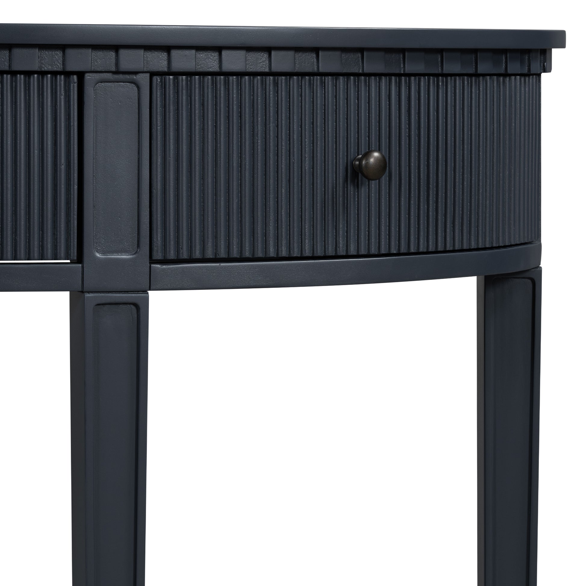 Distinctive Features Of Pine Veneer Console Table With Vertical Stripe Drawer Fronts And Four Legs Black Primary Living Space Minimalist Mdf