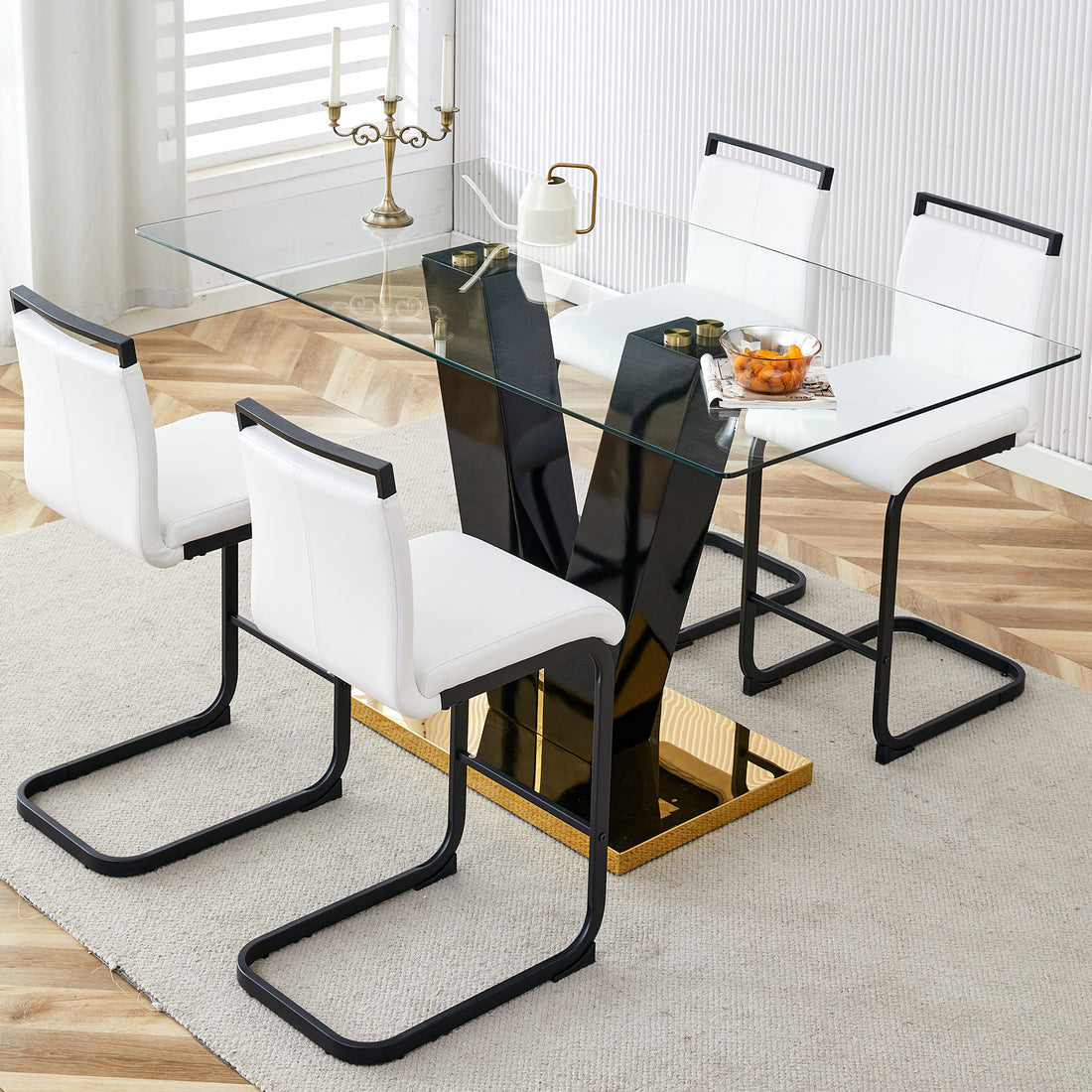 Table And Chair Set. A Rectangular Glass Dining Table With A 0.4 Inch Tempered Glass Tabletop And Mdf Board V Shaped Bracket, Paired With Chairs Consisting Of Pu Seat Cushions And Black Metal Legs. White Black Seats 4 Tempered Glass