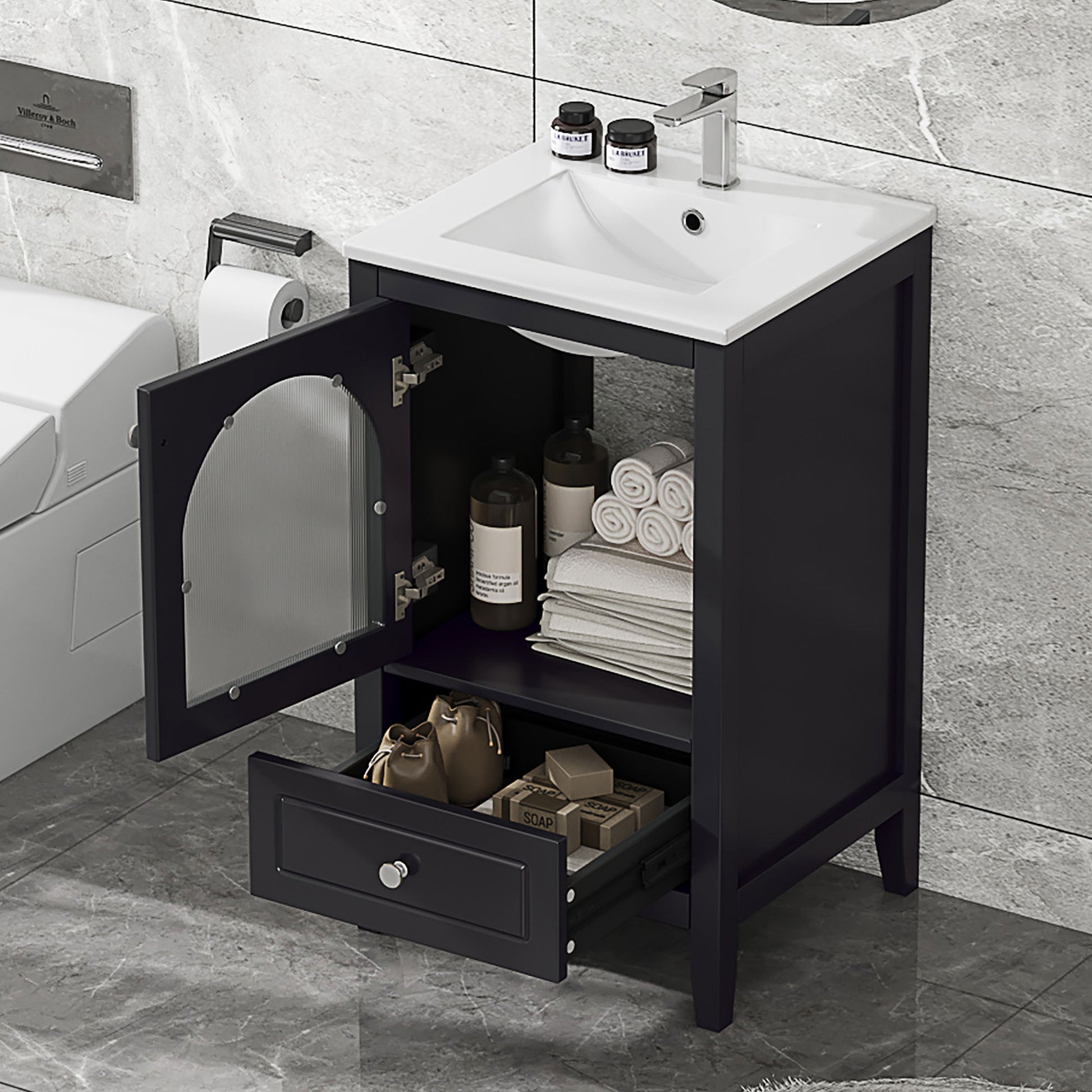 20" Bathroom Vanity With Sink, Bathroom Cabinet With Soft Closing Glass Door, A Drawer, Black Black Mdf