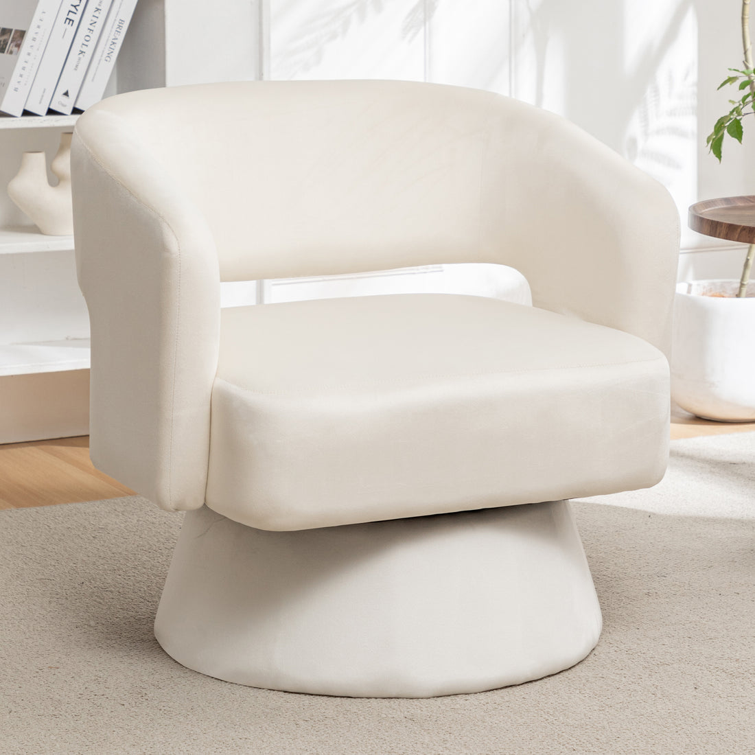 Swivel Barrel Chair, Velvet Accent Armchair 360 Degree Swivel Club Chair For Living Room Bedroom Reception Room White Foam Velvet