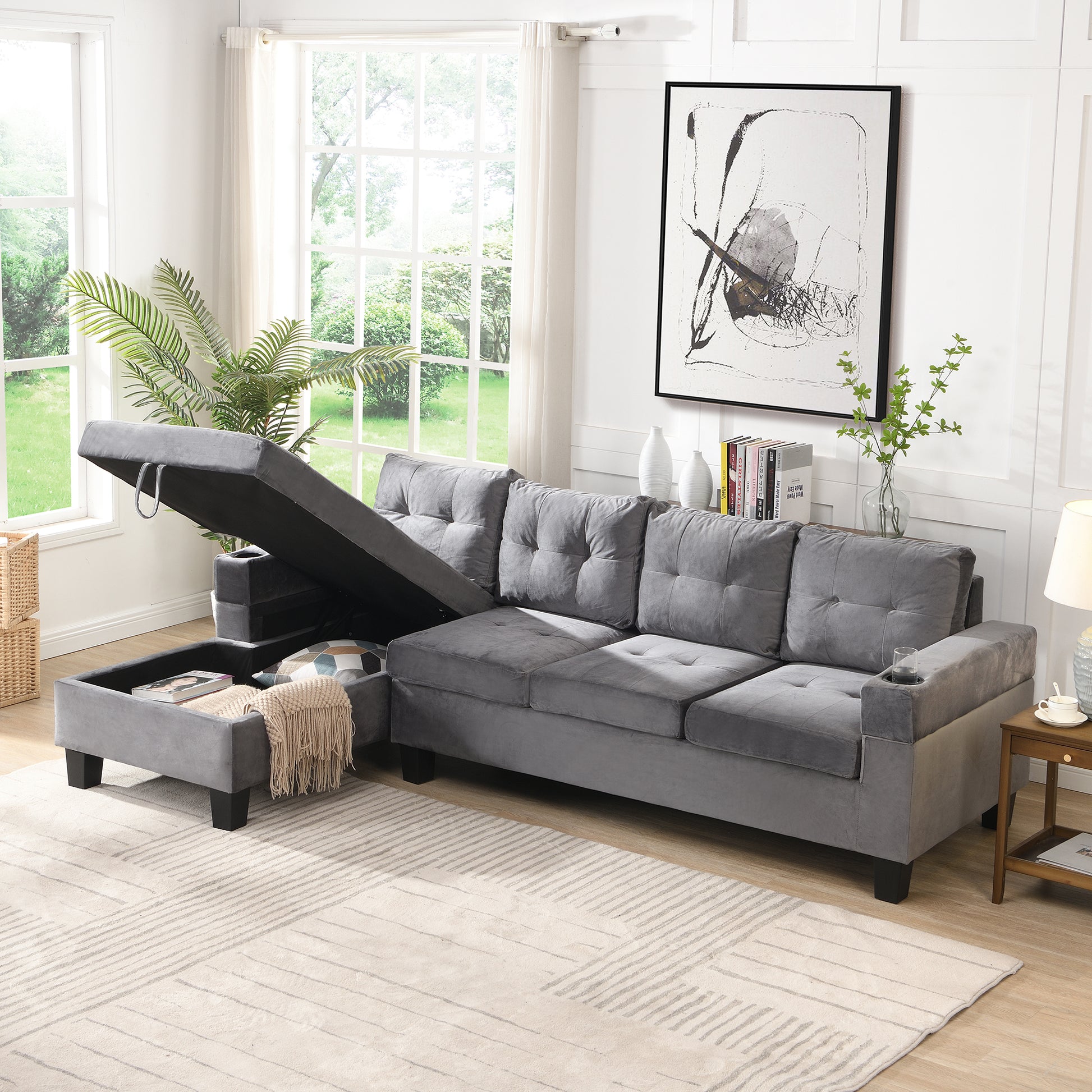 Sectional Sofa Set For Living Room With L Shape Chaise Lounge ,Cup Holder And Left Hand With Storage Chaise Modern 4 Seat Grey Grey Fabric 4 Seat
