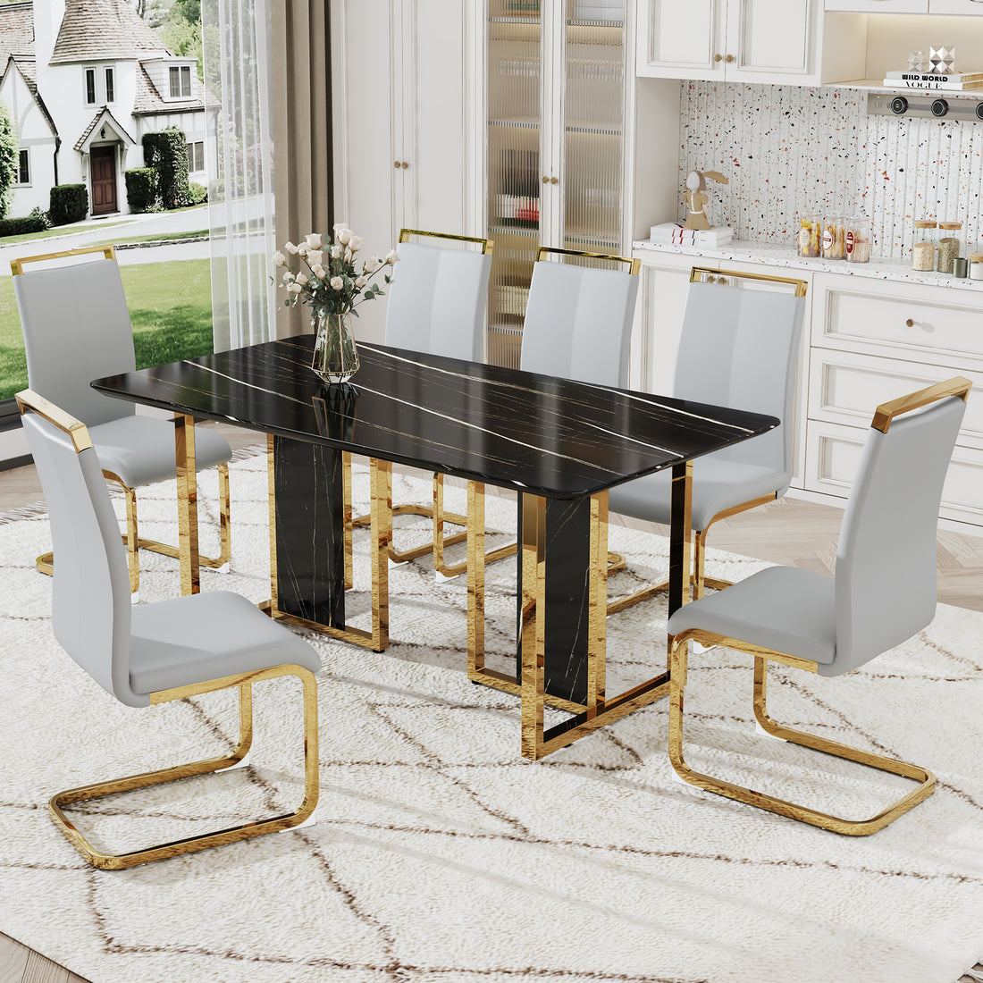 Table And Chair Set. Modern Dining Table With Mdf Top And Beautiful Mdf Legs. Equipped With Comfortable Pu Chairs And Metal Legs. Suitable For A Wide Range Of Decorative Styles. Black,Light Gray Seats 6 Mdf