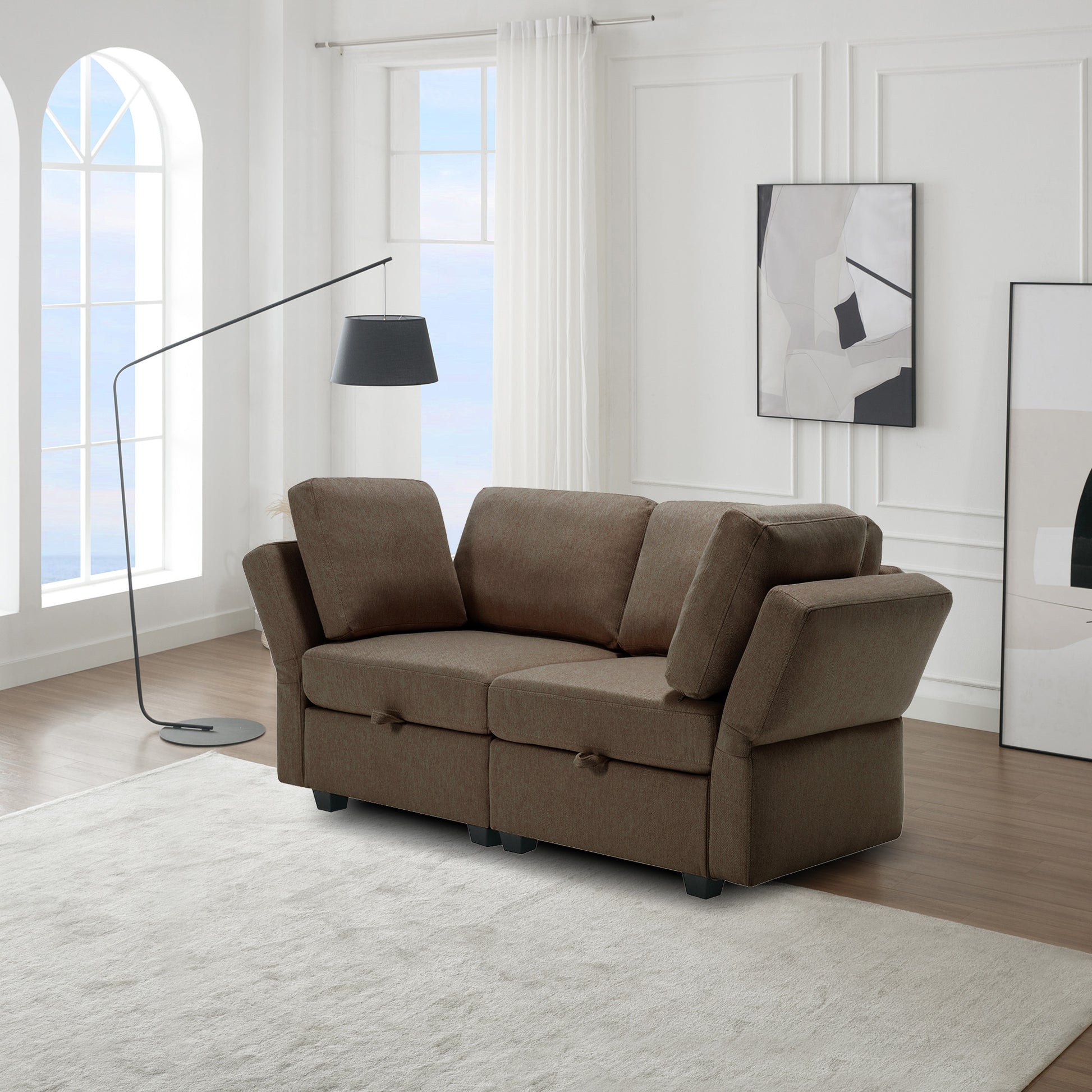 Contemporary Modern Chic Upholstered Fabric Sofa With Storage Seats And Storage Ottomans, 2 Seater Sofa Fabric Couch With Adjustable Arms And Backs For Living Room Brown Brown Polyester 2 Seat