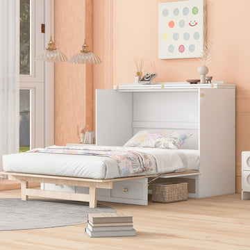 Queen Murphy Bed With Large Drawers,White Queen White Plywood