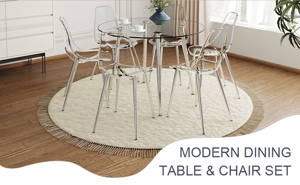 Table And Chair Set.A Modern Minimalist Round Dining Table With Transparent Tempered Glass Top And Silver Metal Legs,Paired With 6 Multiple Transparent High Quality Pet Dining Chairs With Silver Legs. Silver,Transparent Seats 6 Glass Metal