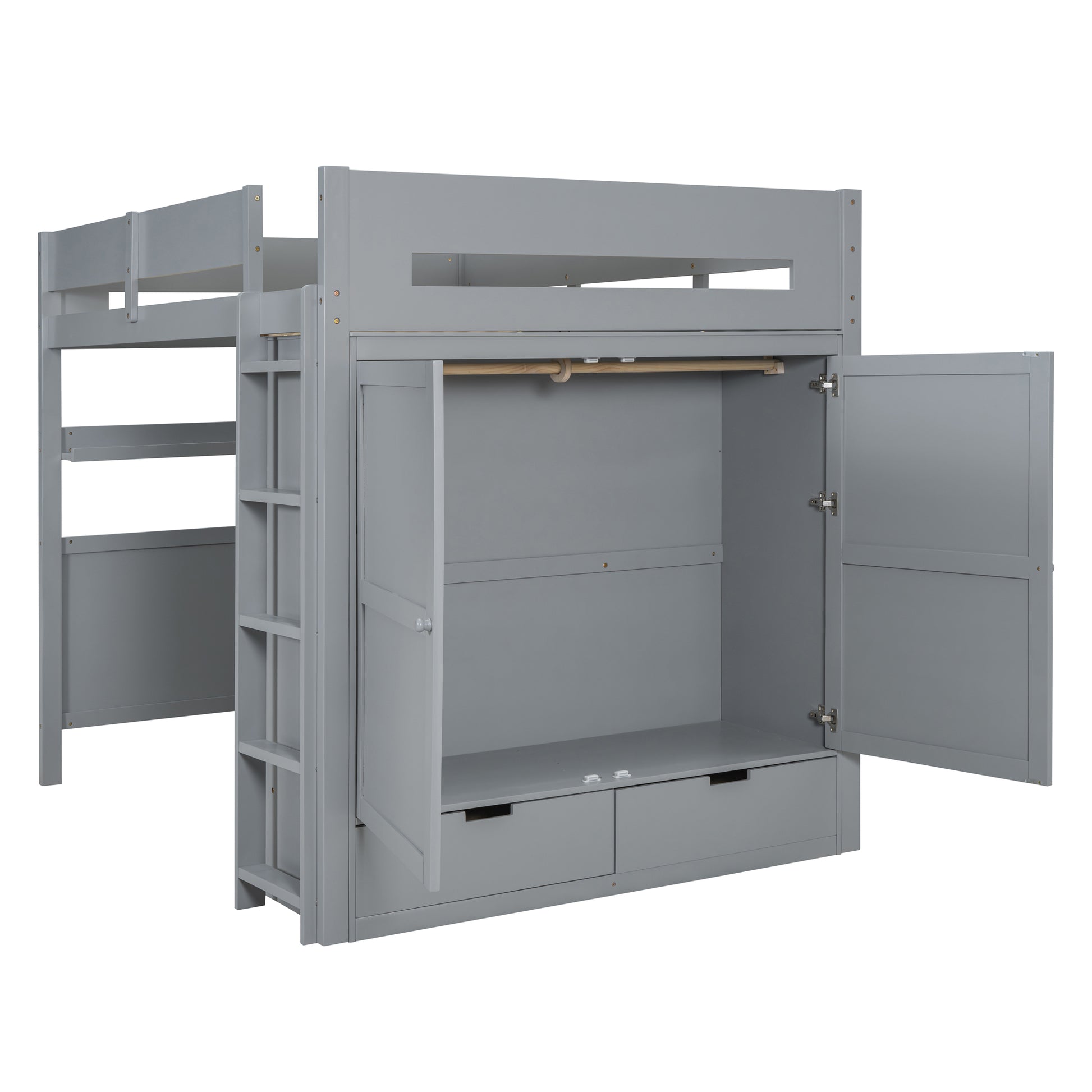 Full Size Wooden Loft Bed With Wardrobe, Desk, Drawers, Shelves, Gray Full Gray Plywood