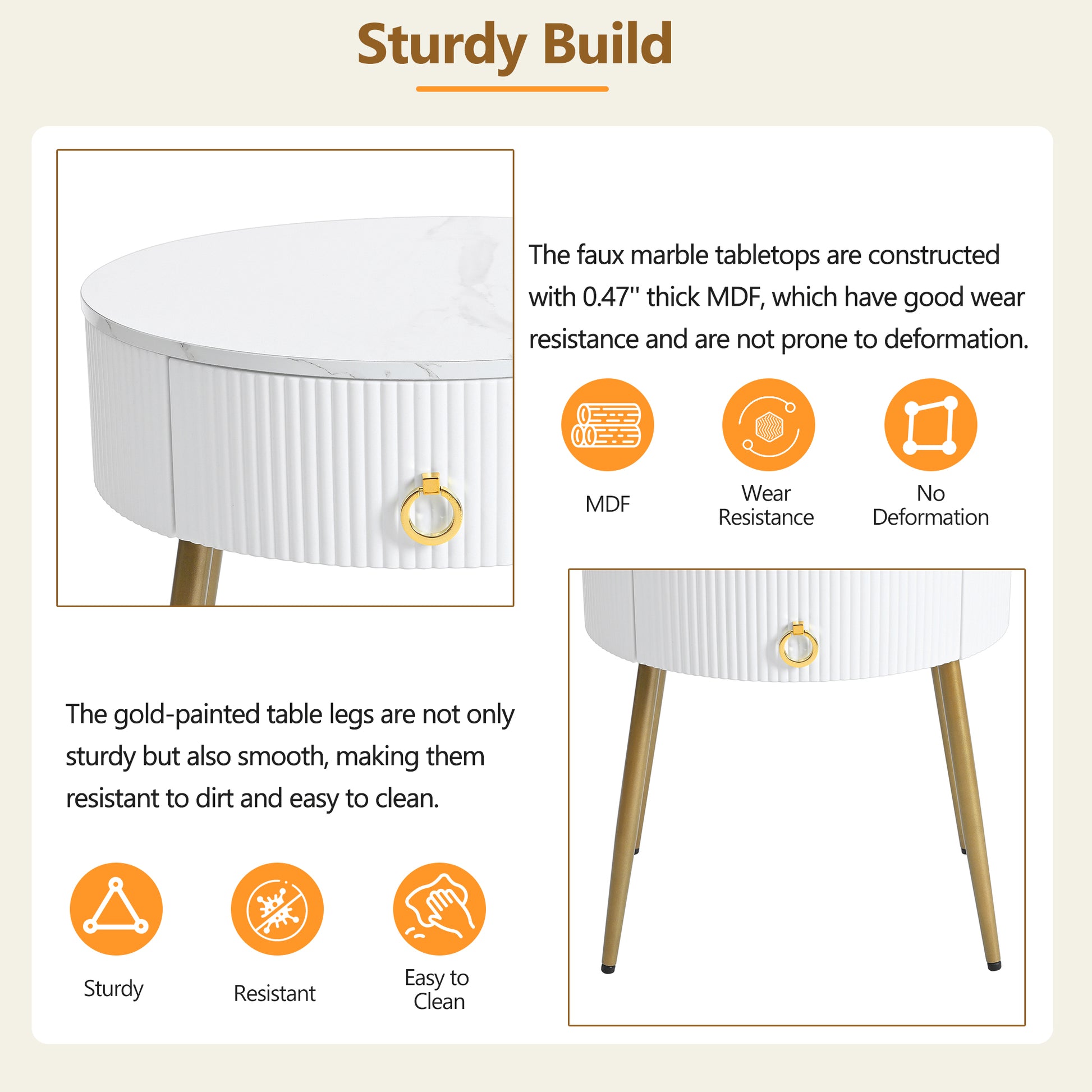 19.6'' Easy Assembly End Tables With High Gloss Faux Marble Tabletops, Set Of 2, Modern Fluted 2 Side Tables With Drawers, Round Coffee Tables With Golden Legs For Living Room, White White Gold Primary Living Space Drawers Round Mdf Iron