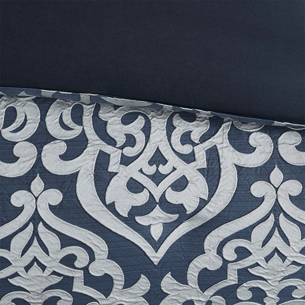 8 Piece Jacquard Comforter Set Navy Silver Queen Queen Navy Silver Polyester