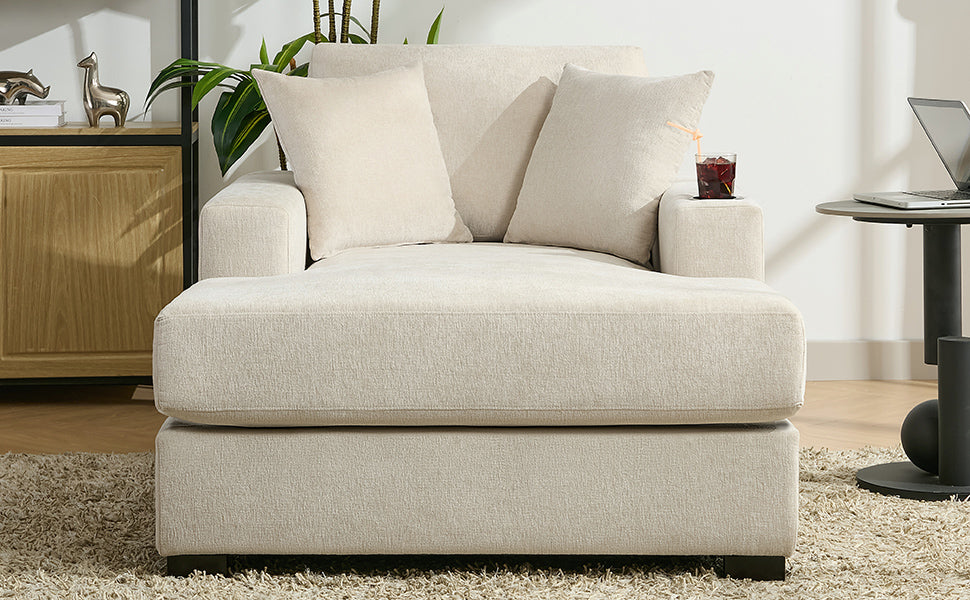 43.5" Oversized Chaise Lounger Modern Style Sofa Couch ,With Pillows, Charge Station & Cup Holders, Chenille Fabric, Cream Cream Chenille