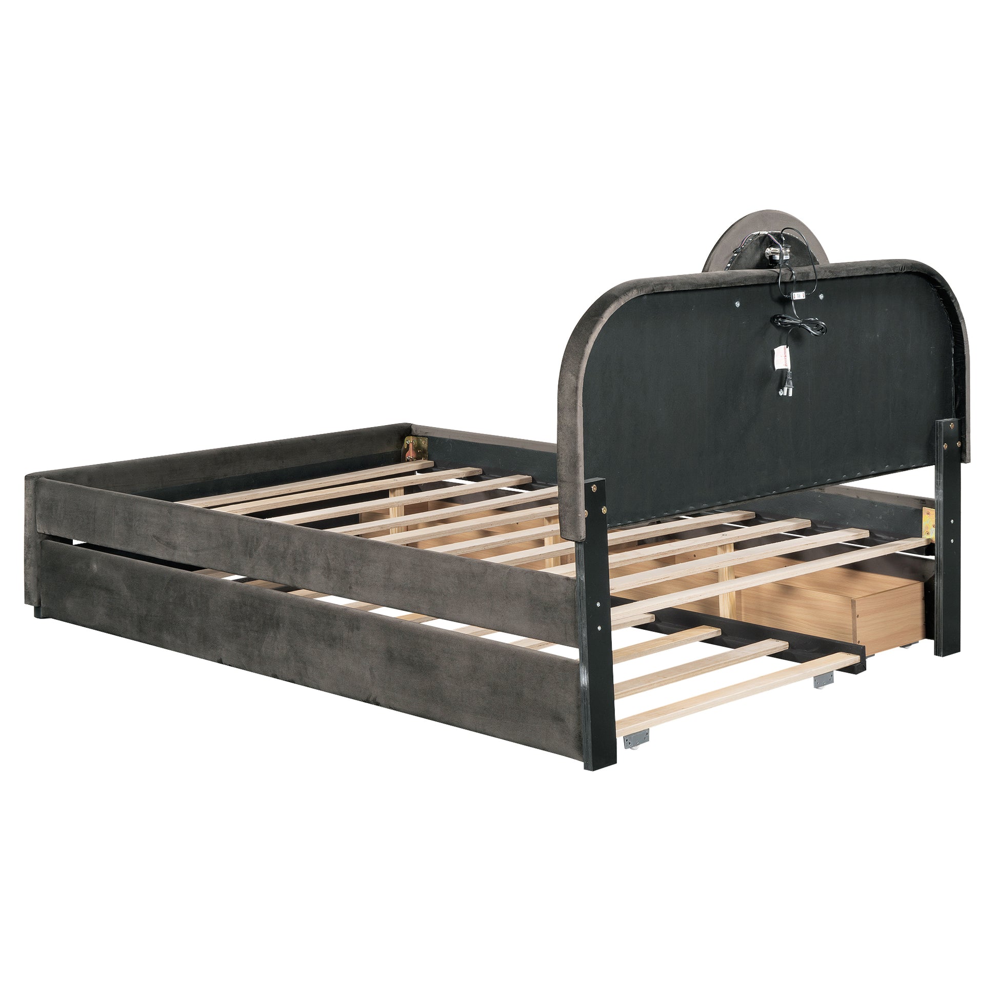 Full Size Upholstered Platform Bed With Multi Functional Led Headboard, Trundle And 2 Drawers, Gray Box Spring Not Required Full Gray Wood Bedroom Upholstered