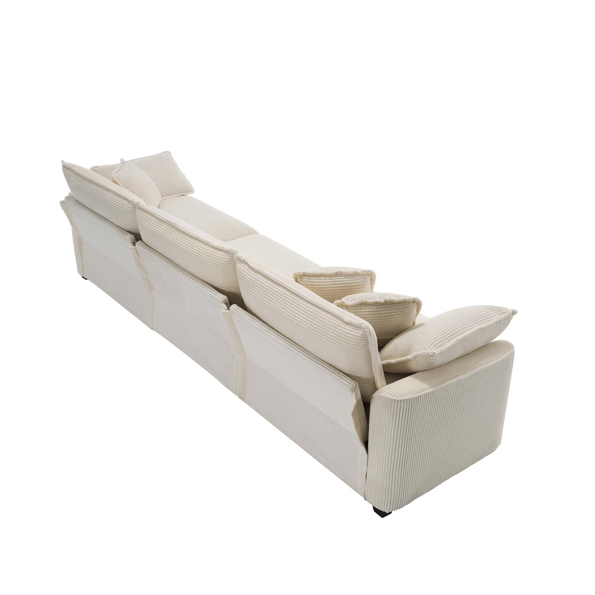 Mid Century Modern Sofa 3 Seater Sectional Sofa With 2 Arm Pillows And 3 Throw Pillows, Light Beige Corduroy Fabric Beige Corduroy 3 Seat