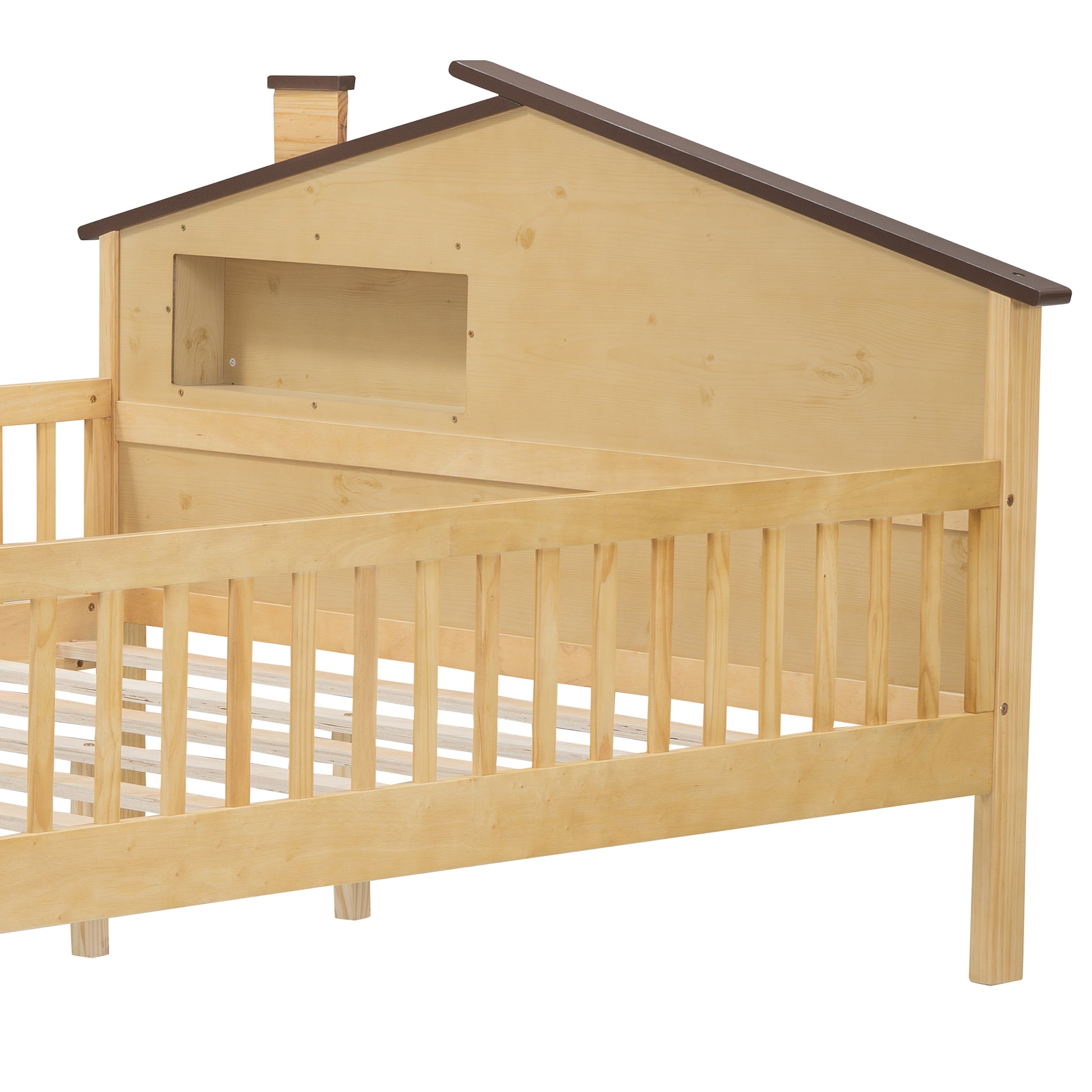 Full Size Wood Platform Bed With House Shaped Headboard, Led And Built In Storage, Natural Box Spring Not Required Full Natural Wood Bedroom Bed Frame Wood