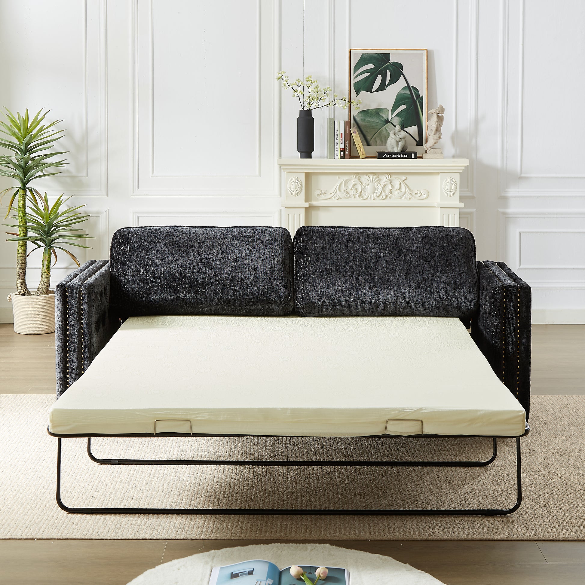 Convertible Sleeper Sofa With Memory Foam Mattress, 3 Seater Full Size Bed Couch For Living Rooms, Designed With Chenille Fabric Black Chenille 3 Seat