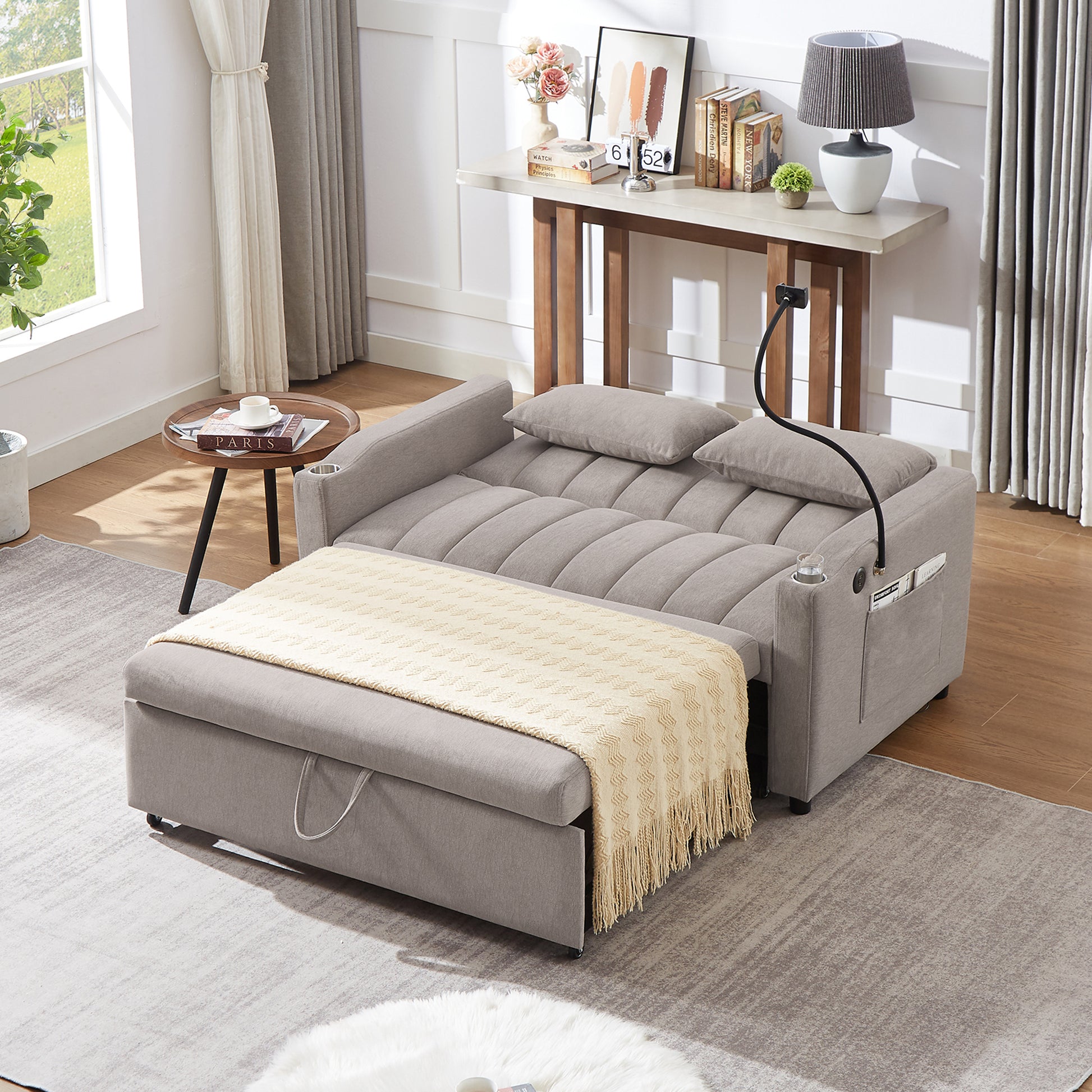 55.9" Convertible Sofa Bed Loveseat Sofa With Three Usb Ports, Two Side Pockets, Two Cup Holders And 360 Swivel Phone Holder For Living Room, Light Grey Light Grey Foam Polyester