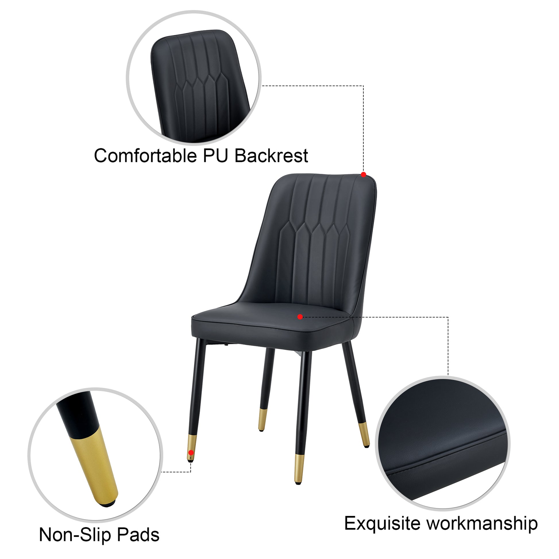 Large Modern Minimalist Rectangular Dining Table With 0.39 "Imitation Marble Black Desktop And Gold Metal Legs, Paired With 8 Chairs With Pu Cushions And Black Metal Legs.F 1538 C 007 Black Gold Glass Metal