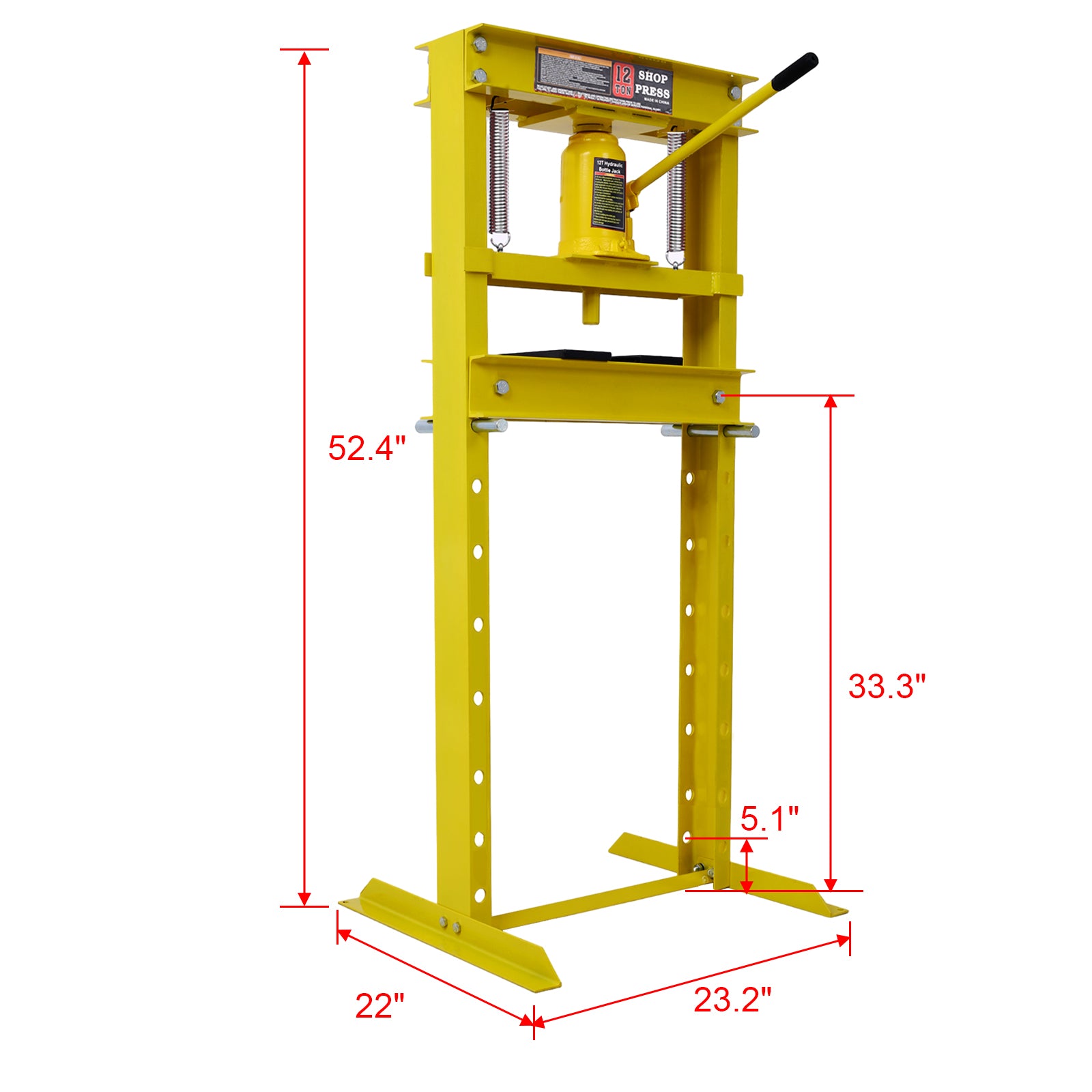 Hydraulic Shop Press ,12 Ton Capacityfloor Mount ,With Press Plates, H Frame Garage Floor Press, Adjustable Working Table Height, ,Yellow Yellow Steel
