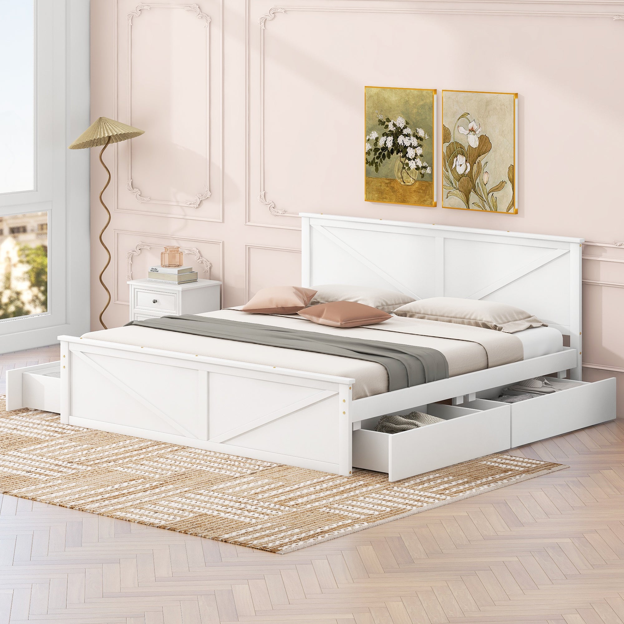 King Size Wooden Platform Bed With Four Storage Drawers And Support Legs, White King White Pine