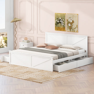 King Size Wooden Platform Bed With Four Storage Drawers And Support Legs, White King White Pine