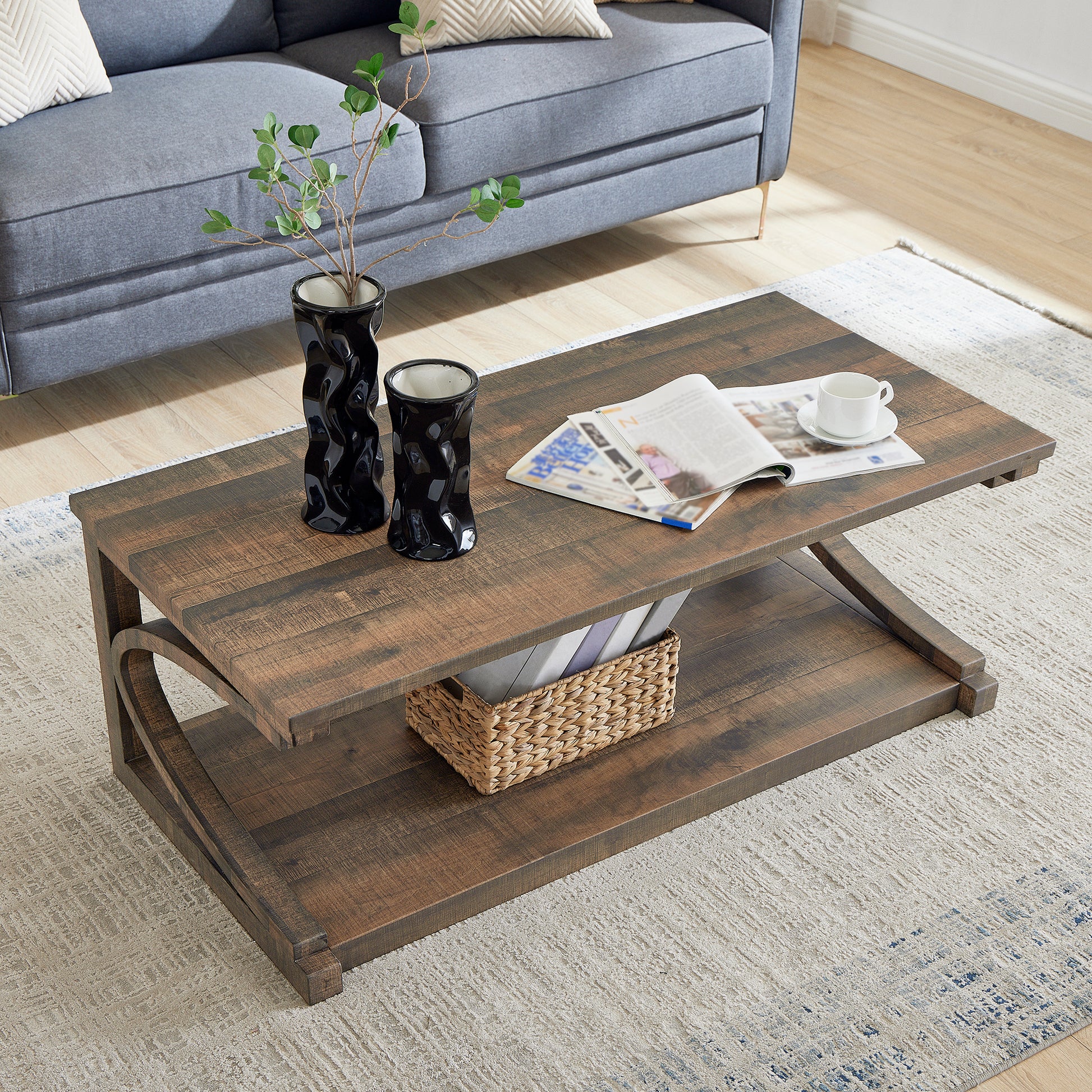 Unique Coffee Table, Solid Wood 48 Inch Modern Coffee Table Modern Center Table With Storage, Solid Wood Special Shape Coffee Table, Living Room, Kitchen, Apartment Dining Table Brown Solid Wood Mdf