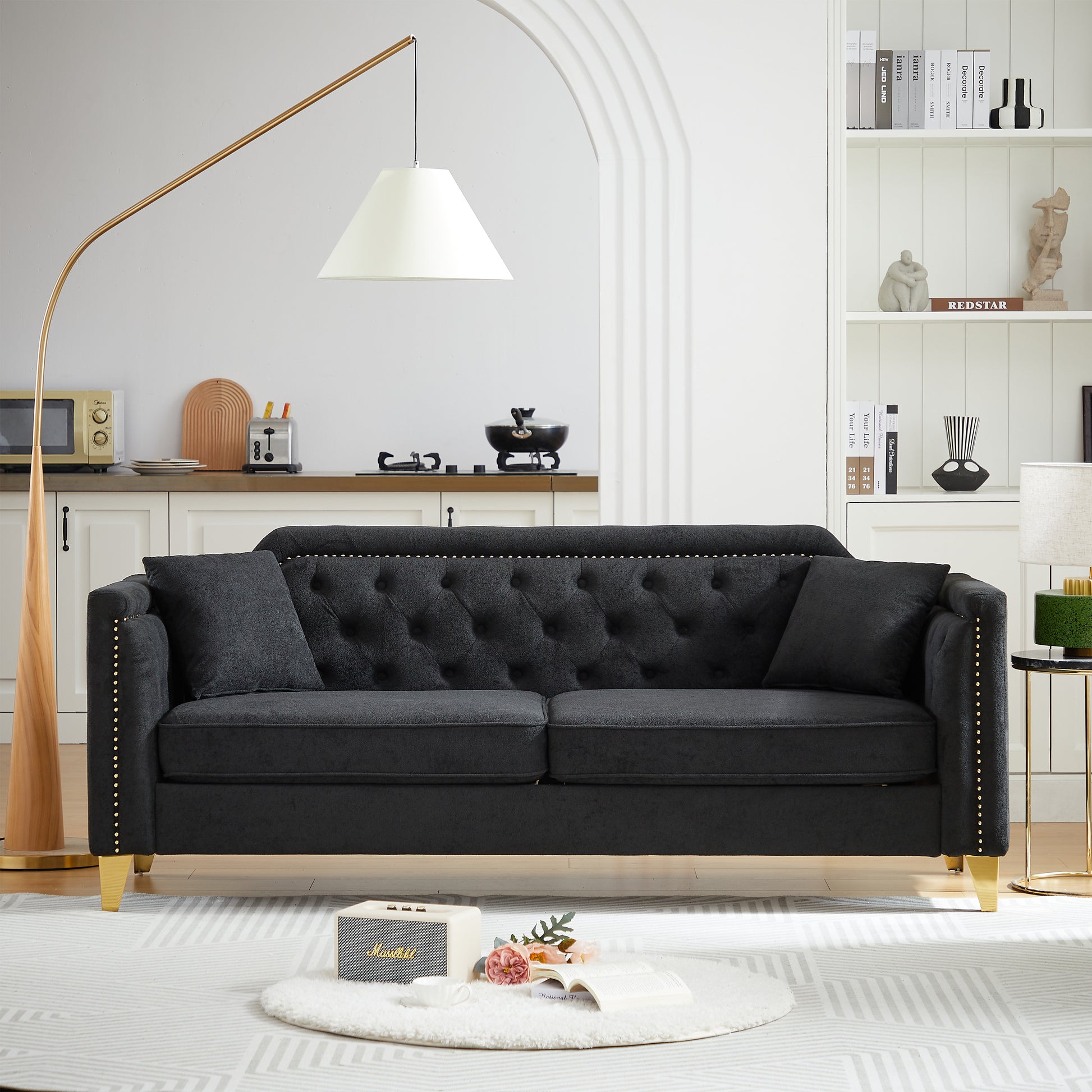 Fx81"Mid Century Design Modern Sofa,Chenille Pull Buckle Design Sofa For Living Room,Buttons Tufted With Copper Nail Decoration Armrest, With 2 Pillows,Modern Couch Upholstered Button And Metal Legs Black Chenille Pine Foam Fabric 3 Seat