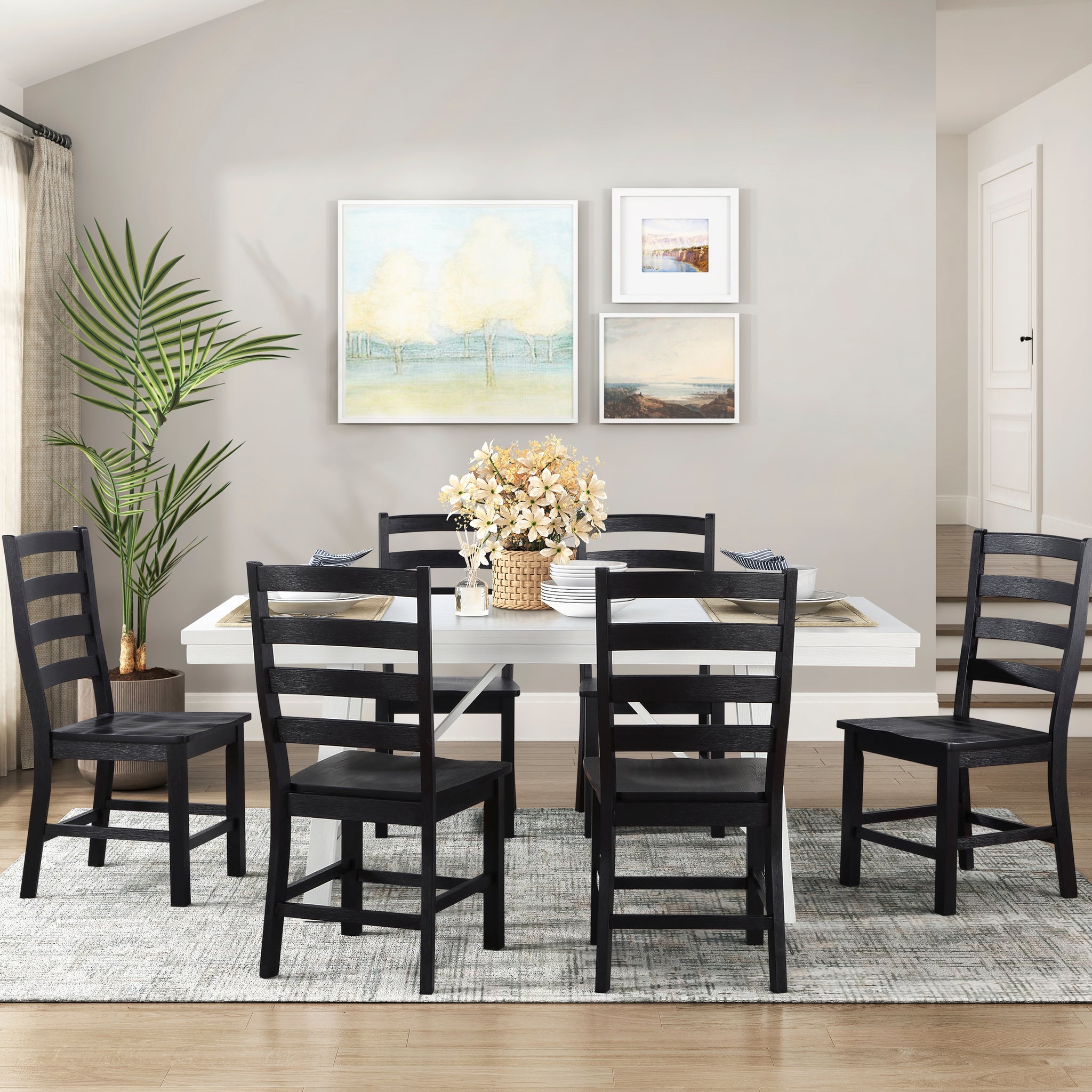 Modern Contemporary Black White 7Pc Dining Set Table And 6 Side Chairs Set Wooden Kitchen Dining Furniture Casual Style Wood Wood Black White Seats 6 Wood Dining Room 72 Inches Casual,Farmhouse Rectangular Dining Table With Chair Wood