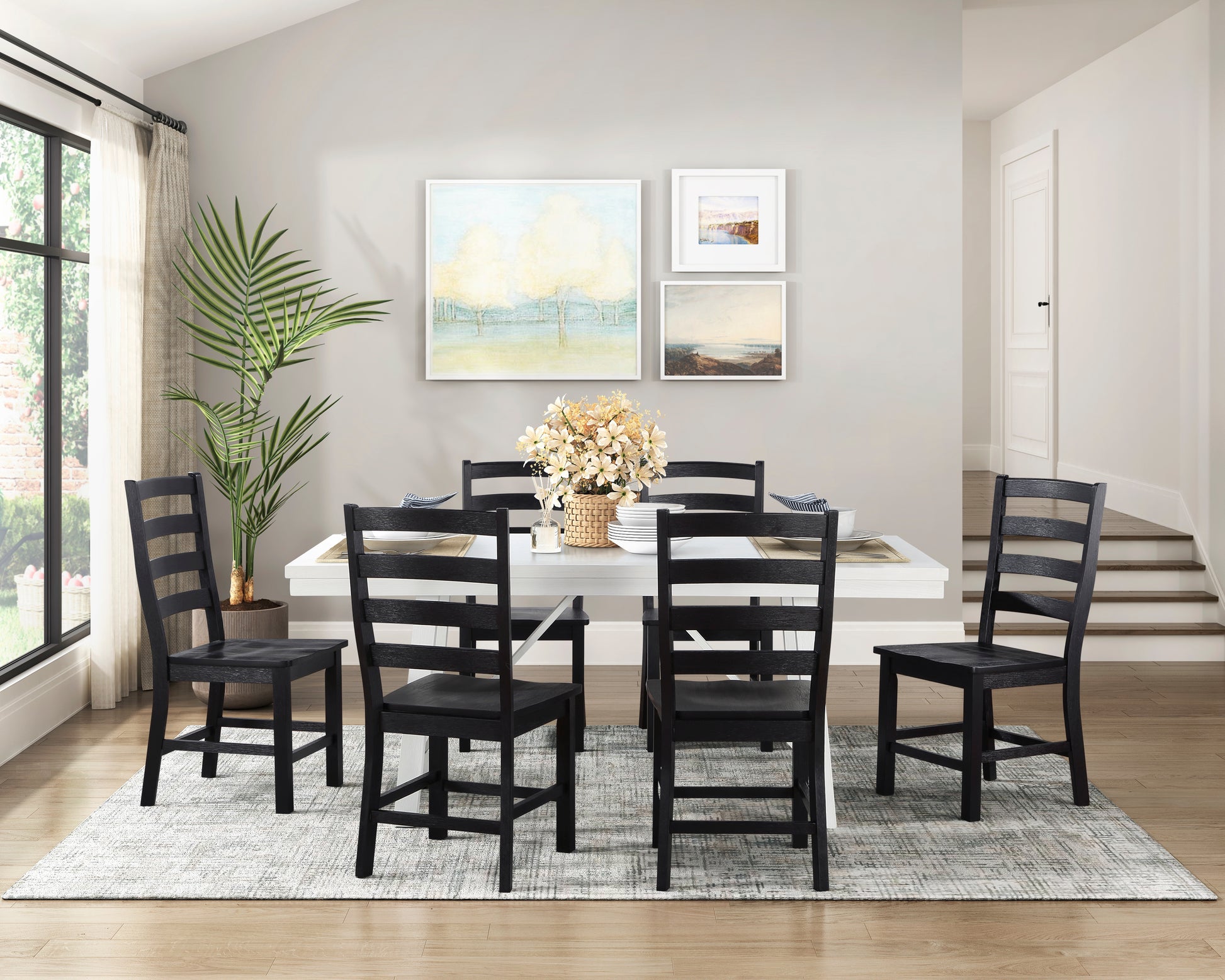 Modern Contemporary Black White 7Pc Dining Set Table And 6 Side Chairs Set Wooden Kitchen Dining Furniture Casual Style Wood Wood Black White Seats 6 Wood Dining Room 72 Inches Casual,Farmhouse Rectangular Dining Table With Chair Wood