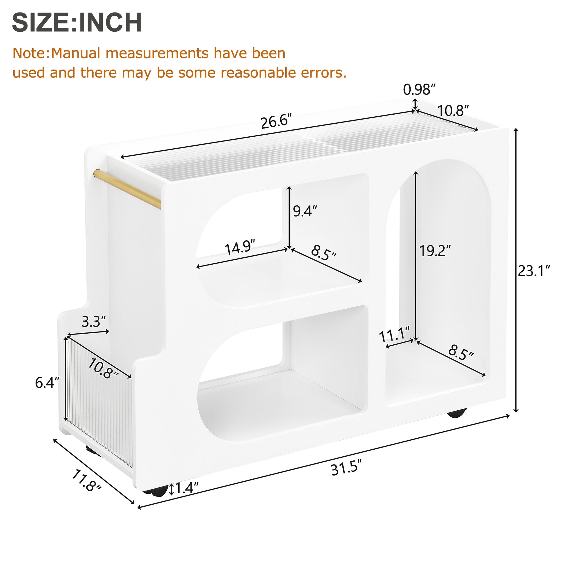 Mobile End Table With Lockable Wheels, Narrow Coffee Table With 5Mm Thick Fluted Tempered Glass, Modern Nightstand With Golden Round Rod, Living Room, White, 31.5''W X11.8''D X 23.1''H White Primary Living Space Mdf