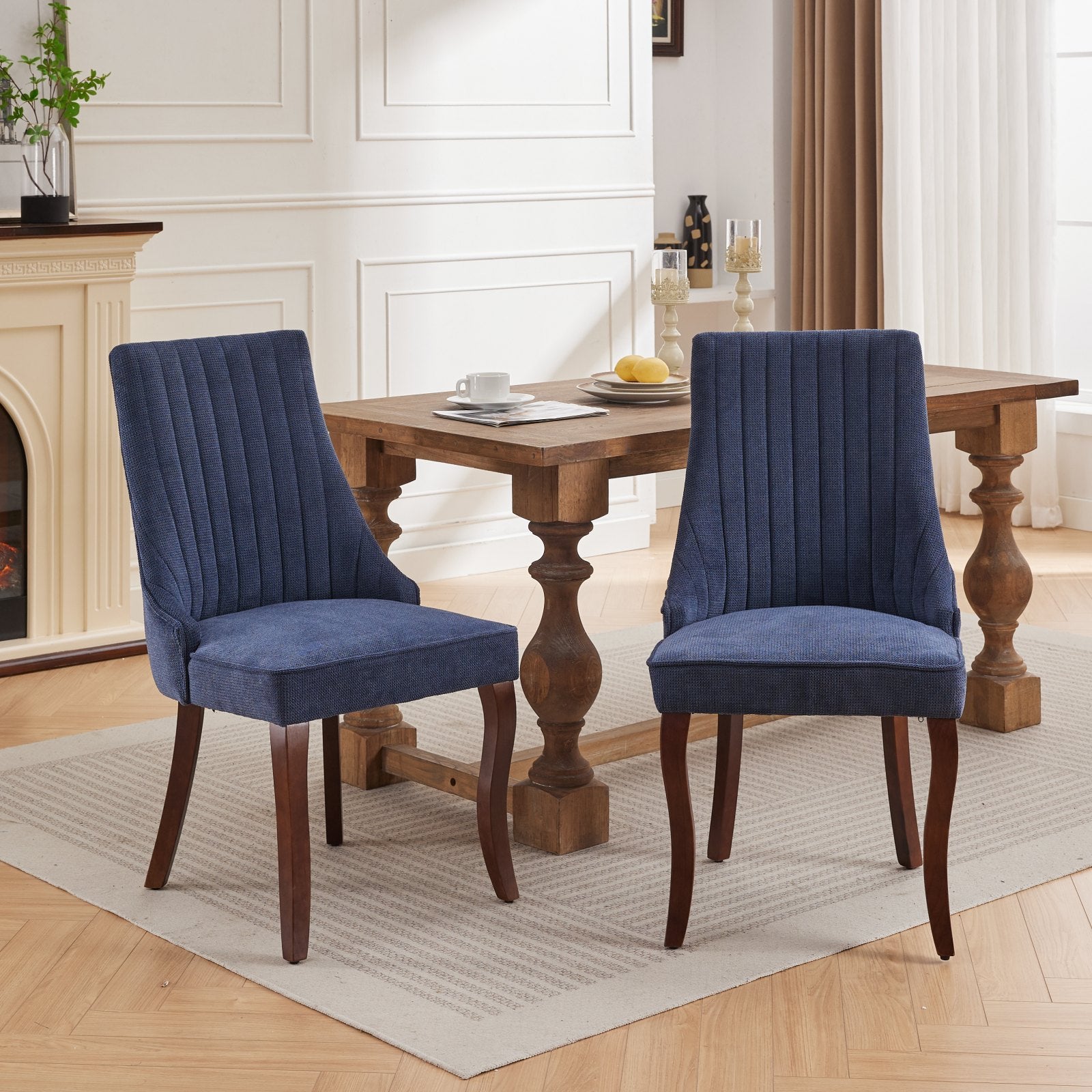Rayon Cloth Flocking Linen Dining Chairs Channel Kitchen Dinner Chair Comfy Fabric Upholstered Accent Chair For Dining Room With Curved Solid Wood Legs,Set Of 2 Blue , Sw1847Bl Blue Light Brown Dining Room American Design,American Traditional Dining