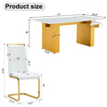 Table And Chair Set.Large Modern Rectangular Table With 0.4 Inch Patterned Glass Tabletop And Large Mdf Table Legs.Comes With 6 Chairs With Faux Leather Cushioned Seats And Golden Metal Legs. Gold White Seats 6 Mdf Glass