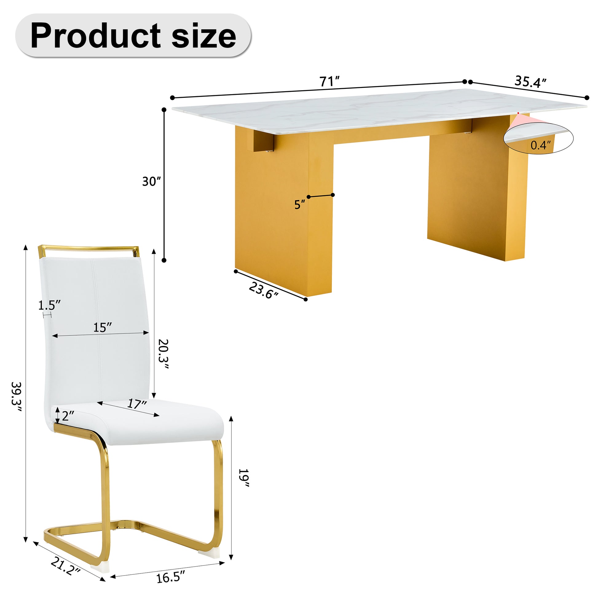 Table And Chair Set.Large Modern Rectangular Table With 0.4 Inch Patterned Glass Tabletop And Large Mdf Table Legs.Comes With 6 Chairs With Faux Leather Cushioned Seats And Golden Metal Legs. Gold White Seats 6 Mdf Glass