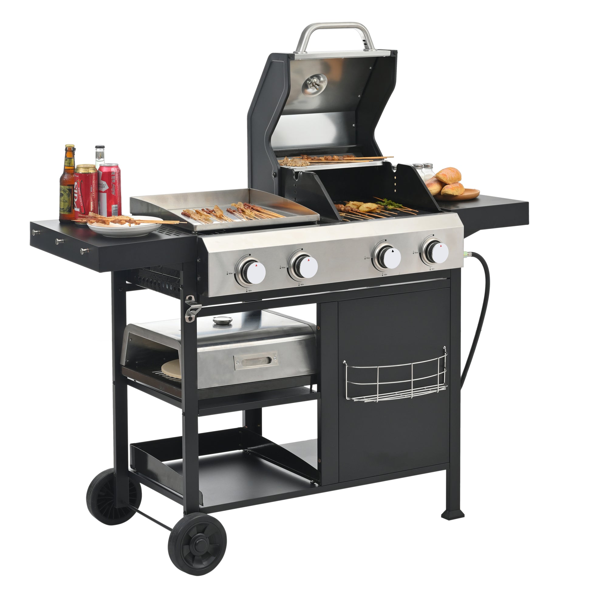 2 2 Multi Function Burner Gas Grill And Griddle Combo With Cover For Outdoor Cooking While Camping Or Tailgating Bbq,Frying,Pizza. Black And Silver Stainless Steel