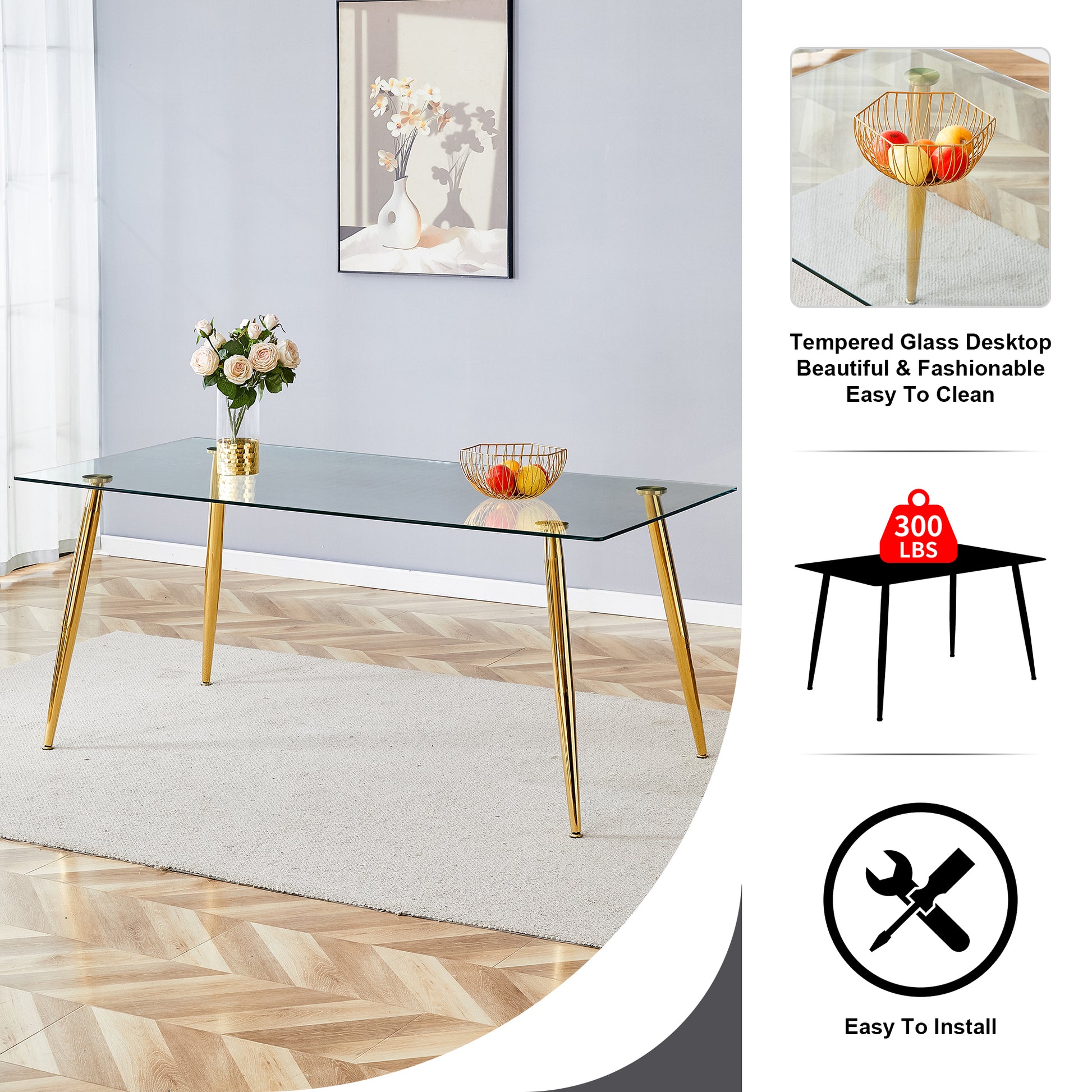 Table And Chair Set.Modern Rectangular Glass Dining Table With Tempered Glass Countertop And Golden Metal Legs, Paired With Multiple Transparent High Quality Pet Dining Chairs With Golden Legs. Gold Seats 8 Tempered Glass