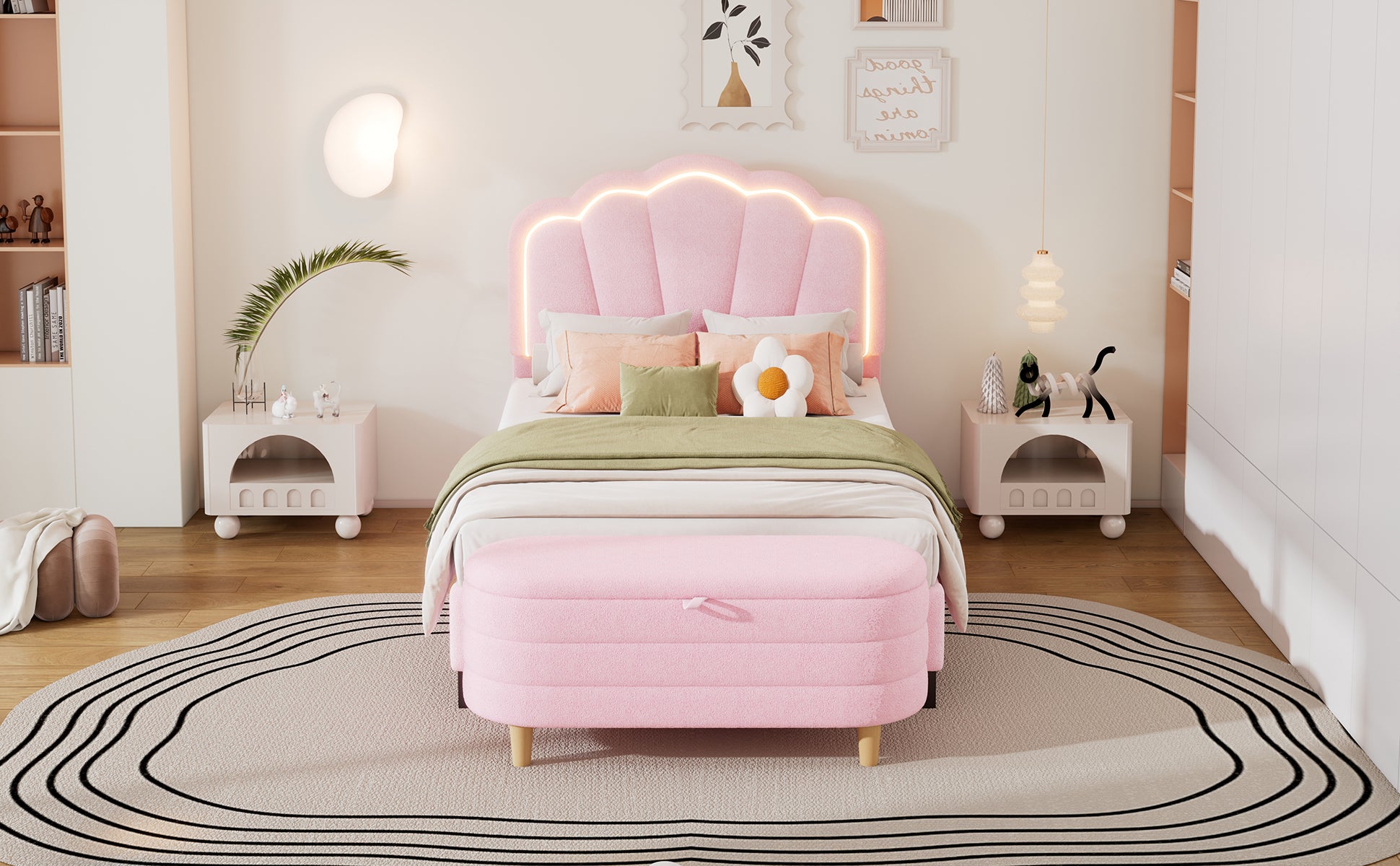 2 Pieces Bedroom Sets Twin Size Flower Shaped Upholstered Led Platform Bed With Storage Ottoman Sherpa Fabric, Pink Twin Pink 2 Piece Set Wood