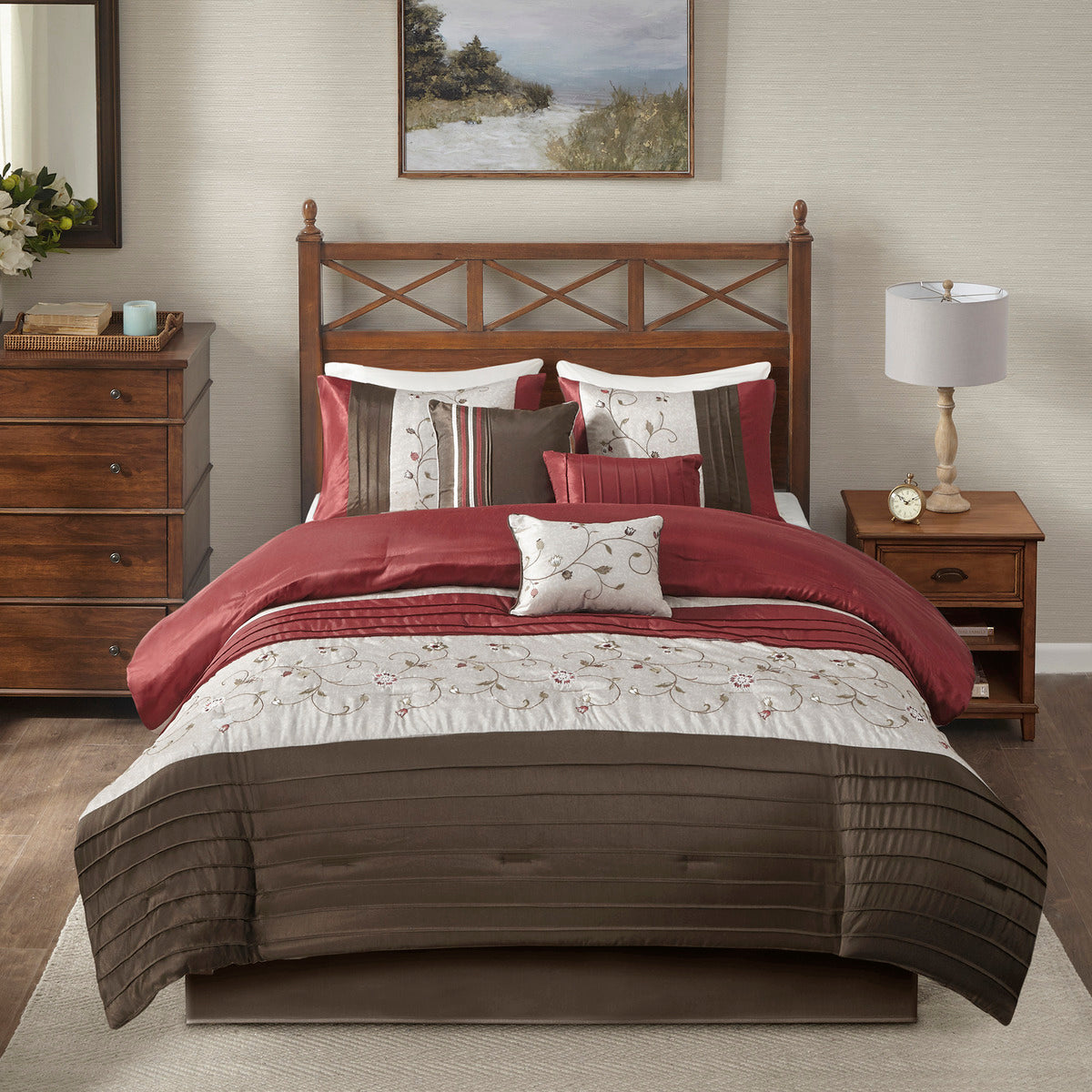 Embroidered 7 Piece Comforter Set Red King King Red Polyester