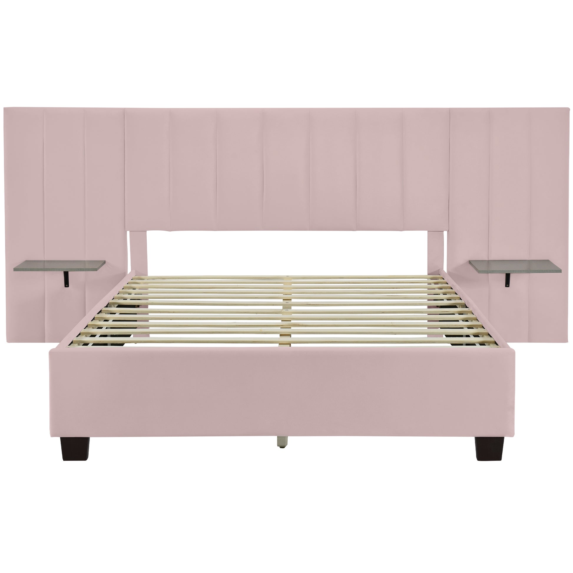 Queen Size Upholstered Platform Bed With Big Headboard, Bedroom Furniture, Velvet, Pink Queen Pink Plywood